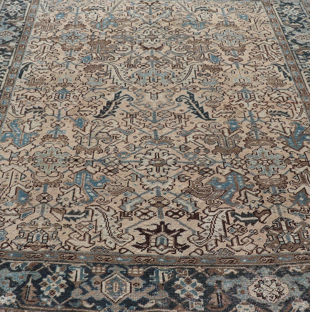 Square Size Persian Heriz Rug with All-Over Sub Floral Design in Brown & Blue For Sale 3