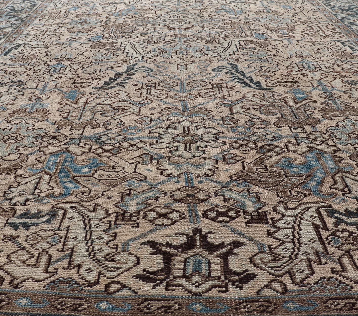 Square Size Persian Heriz Rug with All-Over Sub Floral Design in Brown & Blue For Sale 4