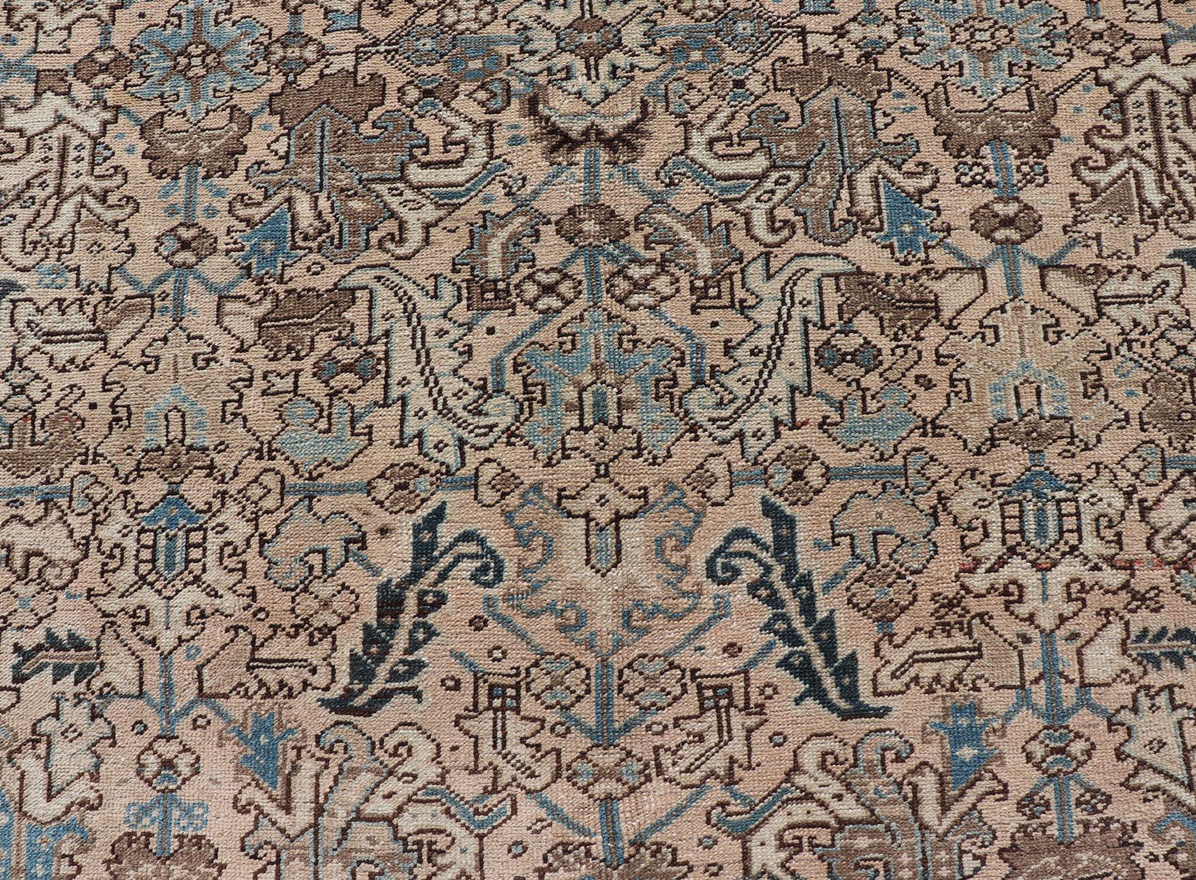 Square Size Persian Heriz Rug with All-Over Sub Floral Design in Brown & Blue For Sale 5