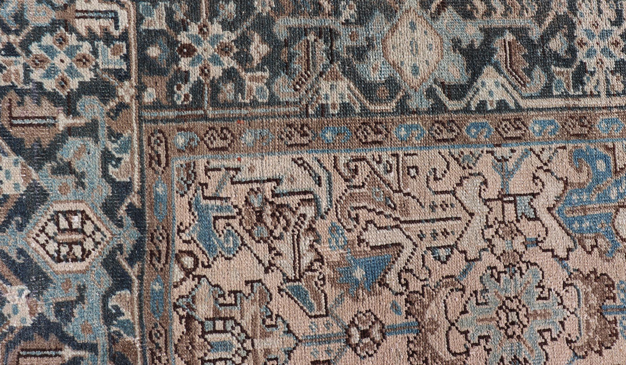 Square size Persian Heriz rug with all-over sub floral design in brown & blue in neutral and earth colors. Keivan Woven Arts / rug VAS-51321, country of origin / type: Iran / Heriz, circa Mid-20th Century. 

Measures: 6'10 x 8'0
 
This