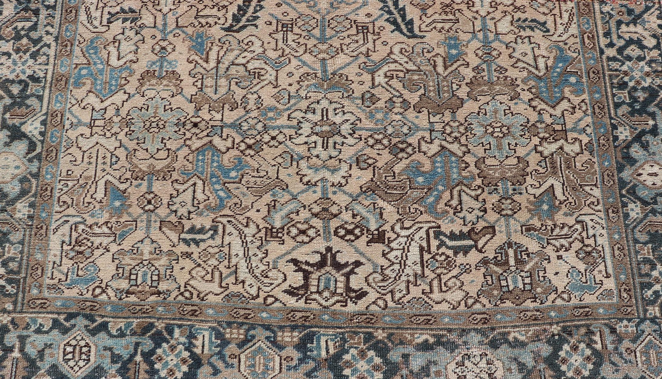 Heriz Serapi Square Size Persian Heriz Rug with All-Over Sub Floral Design in Brown & Blue For Sale