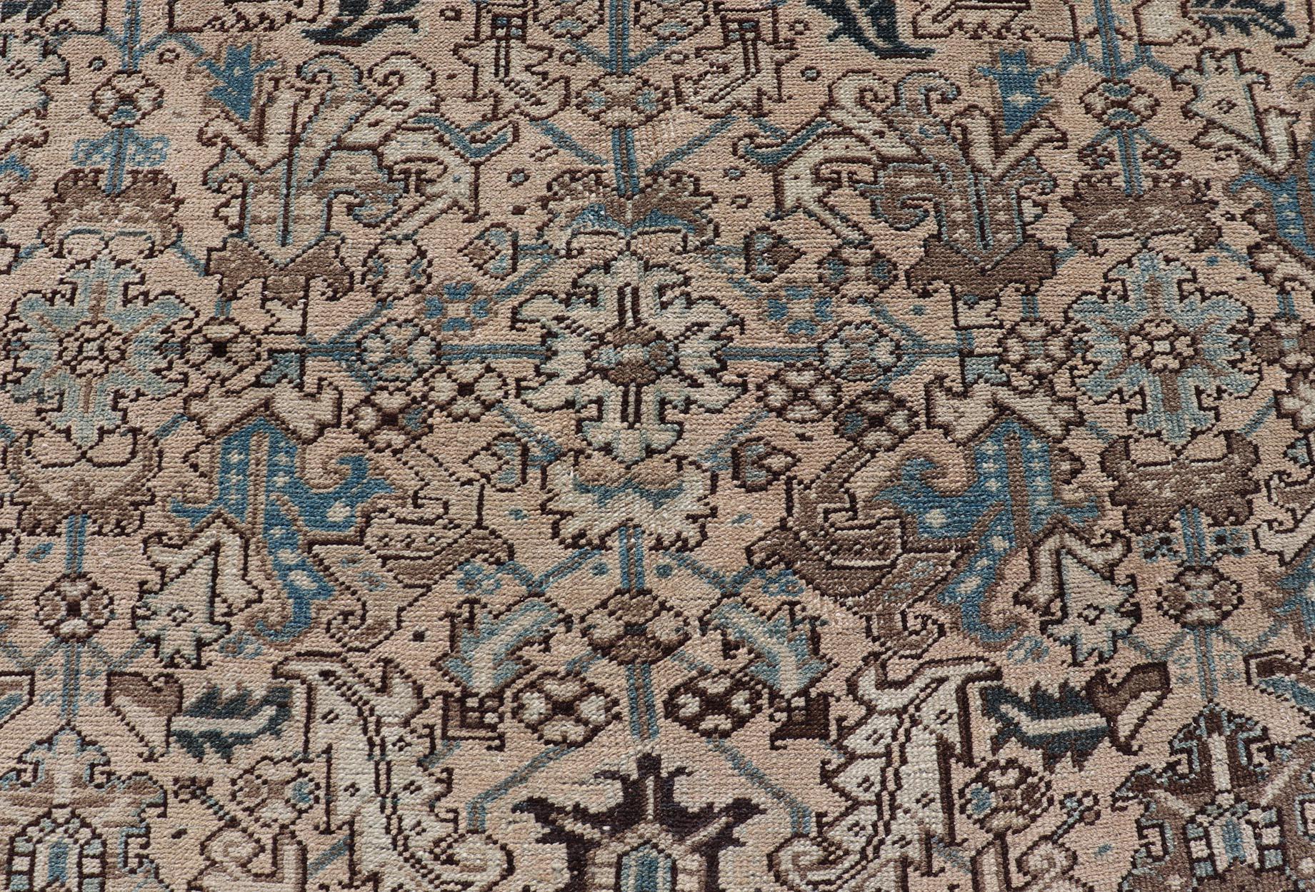 Hand-Knotted Square Size Persian Heriz Rug with All-Over Sub Floral Design in Brown & Blue For Sale