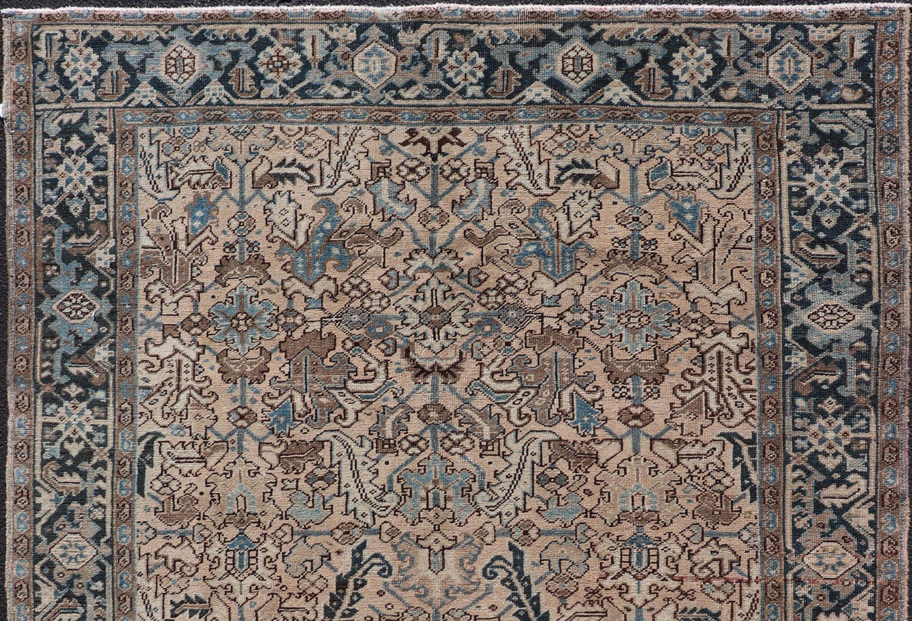 Square Size Persian Heriz Rug with All-Over Sub Floral Design in Brown & Blue In Good Condition For Sale In Atlanta, GA