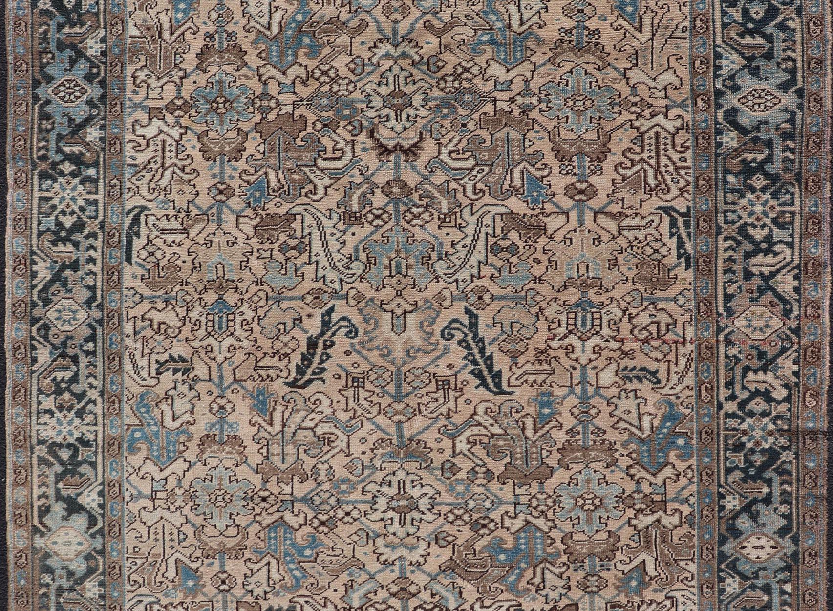 20th Century Square Size Persian Heriz Rug with All-Over Sub Floral Design in Brown & Blue For Sale