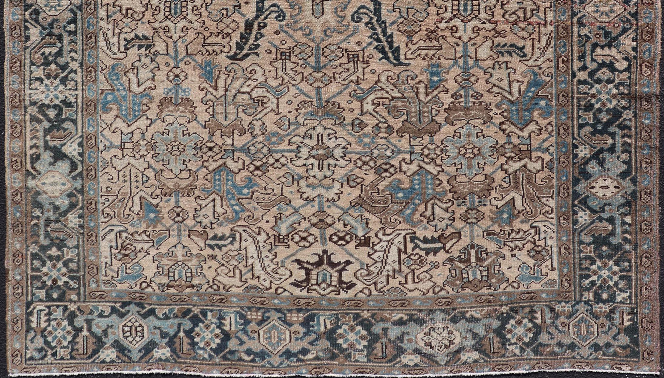 Wool Square Size Persian Heriz Rug with All-Over Sub Floral Design in Brown & Blue For Sale
