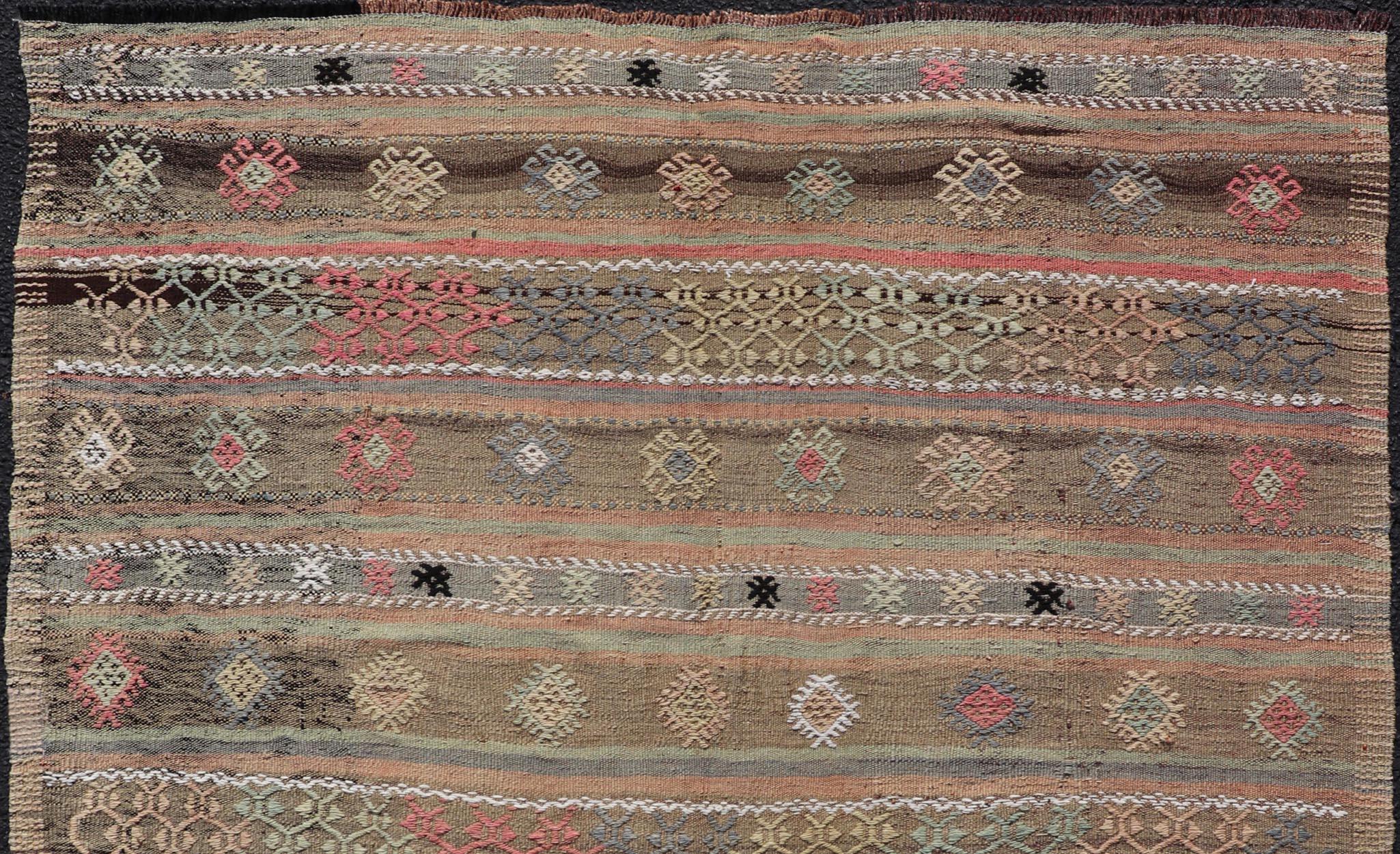 Wool Square Size Turkish Vintage Embroidered Kilim Rug For Sale