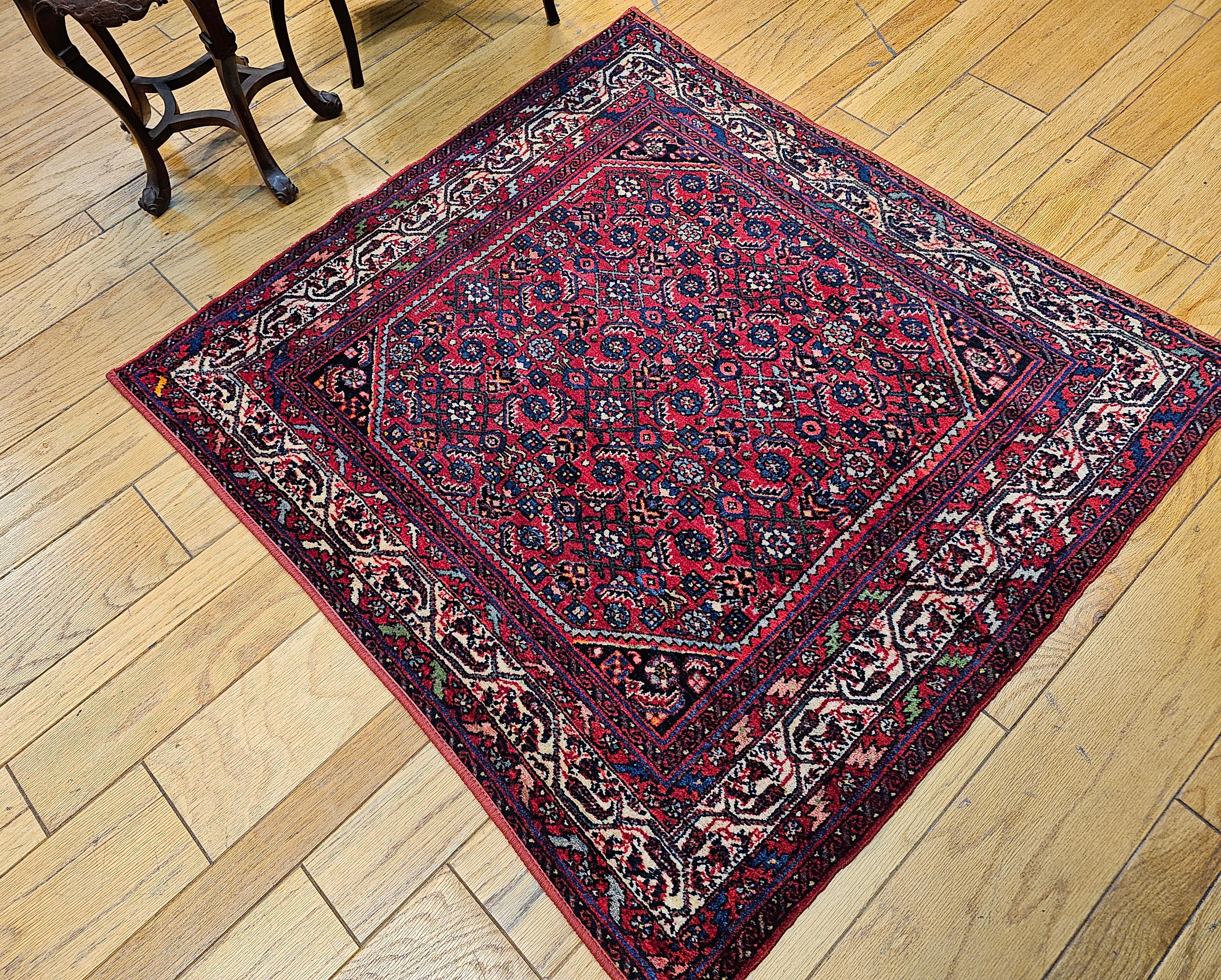Square Size Vintage Persian Malayer Rug in All-Over Pattern in Red, Ivory, Navy For Sale 5