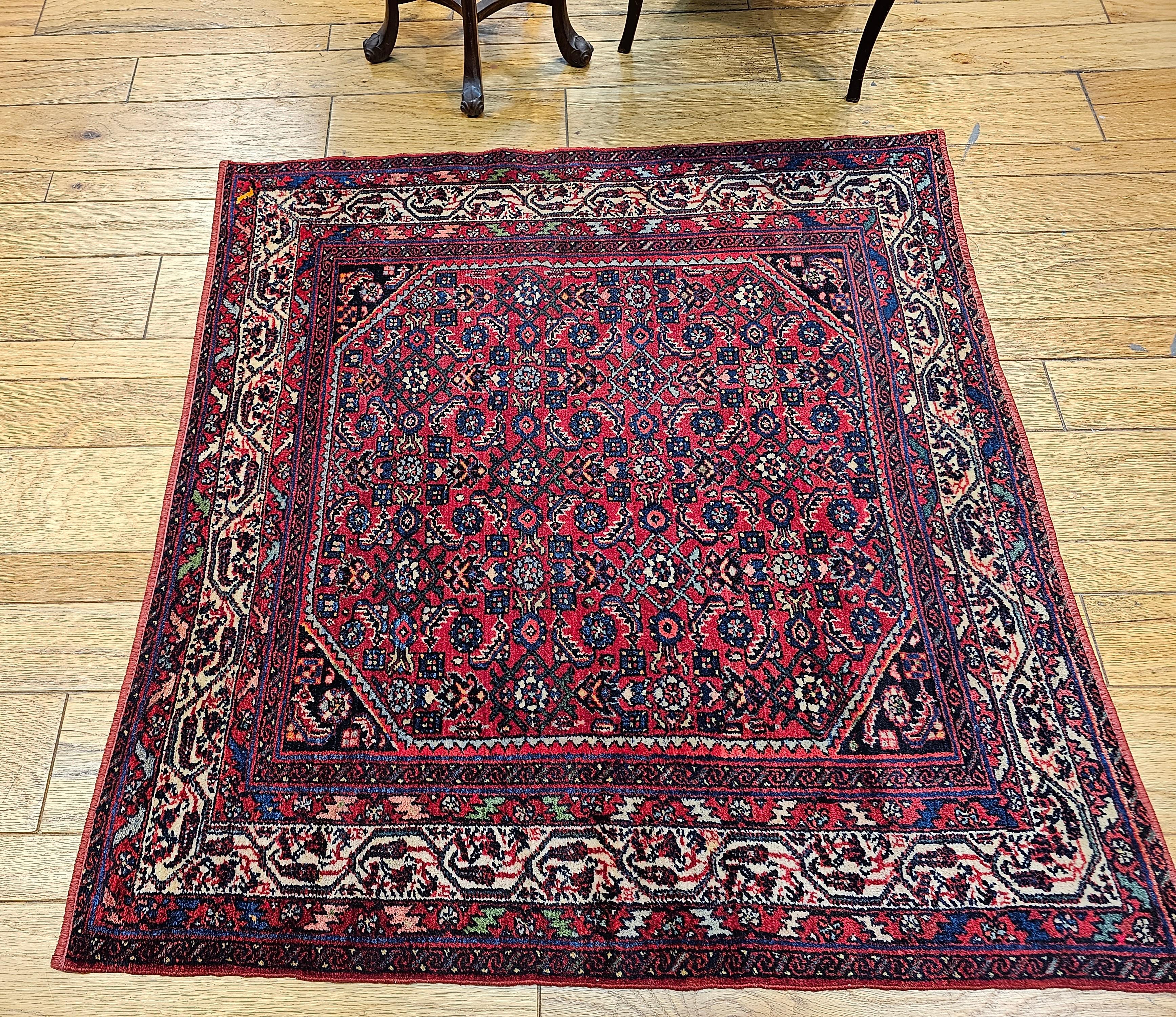 Square Size Vintage Persian Malayer Rug in All-Over Pattern in Red, Ivory, Navy For Sale 6