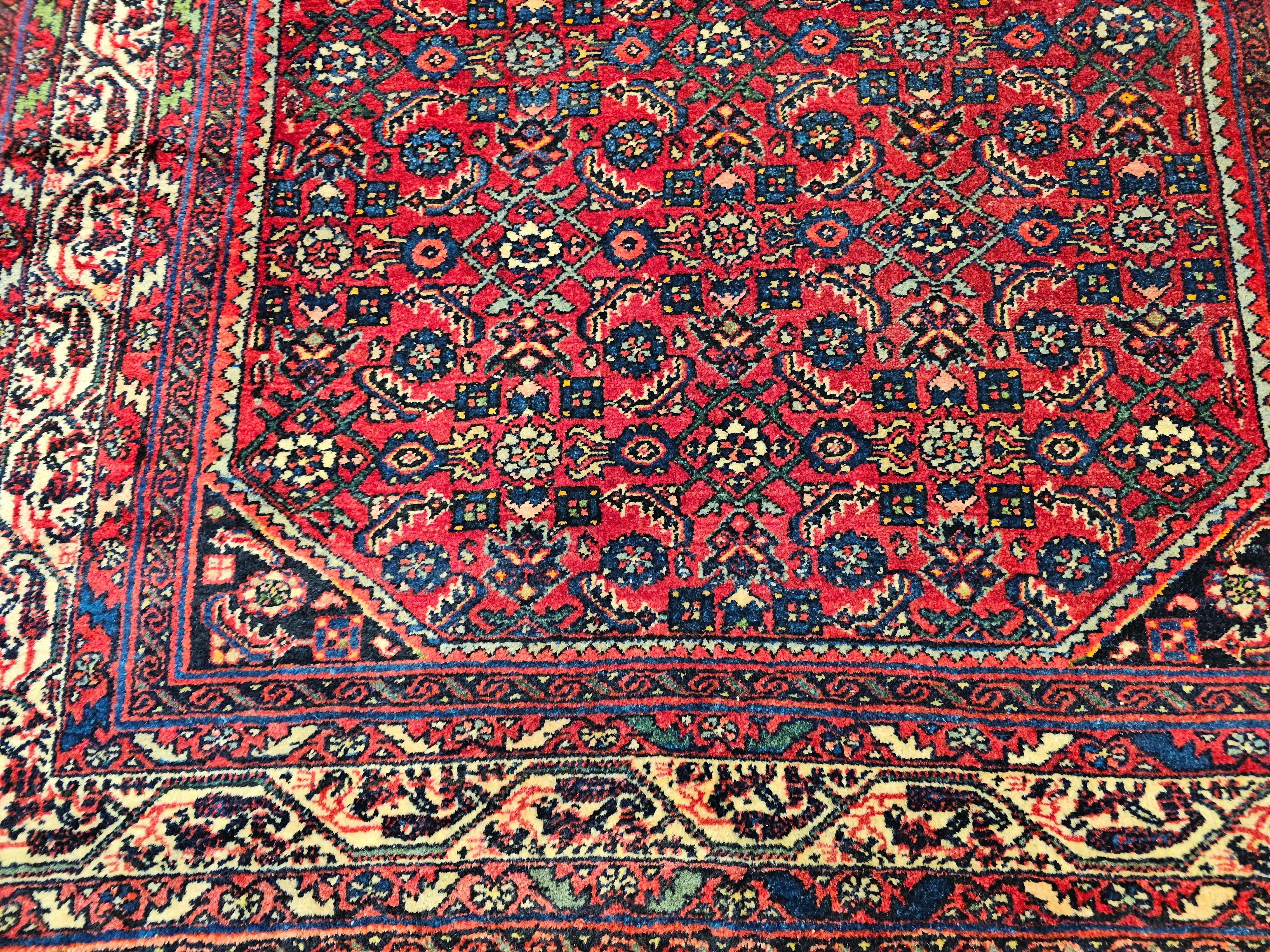 Hand-Knotted Square Size Vintage Persian Malayer Rug in All-Over Pattern in Red, Ivory, Navy For Sale