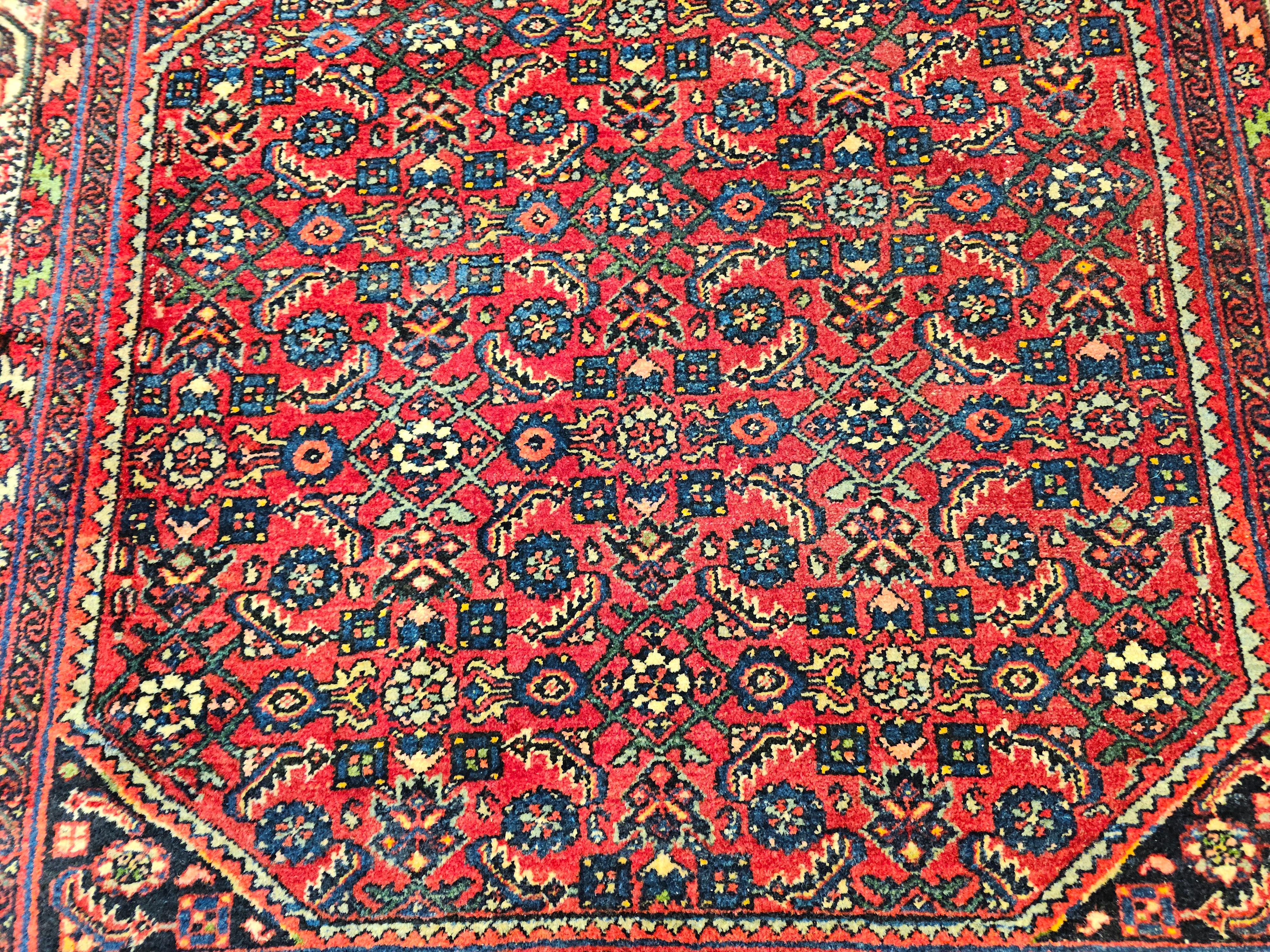 Square Size Vintage Persian Malayer Rug in All-Over Pattern in Red, Ivory, Navy In Good Condition For Sale In Barrington, IL