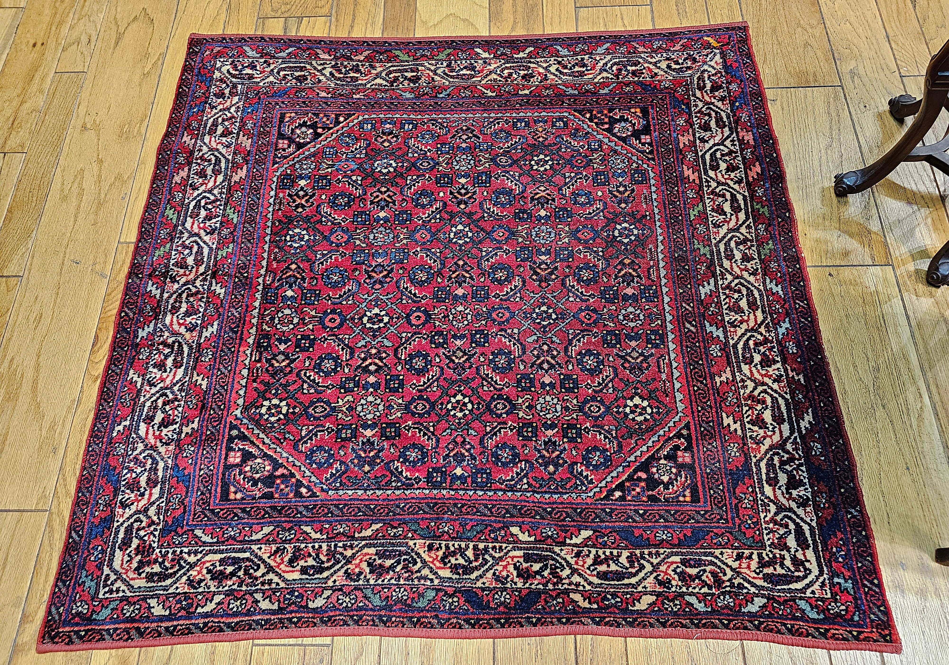 Wool Square Size Vintage Persian Malayer Rug in All-Over Pattern in Red, Ivory, Navy For Sale