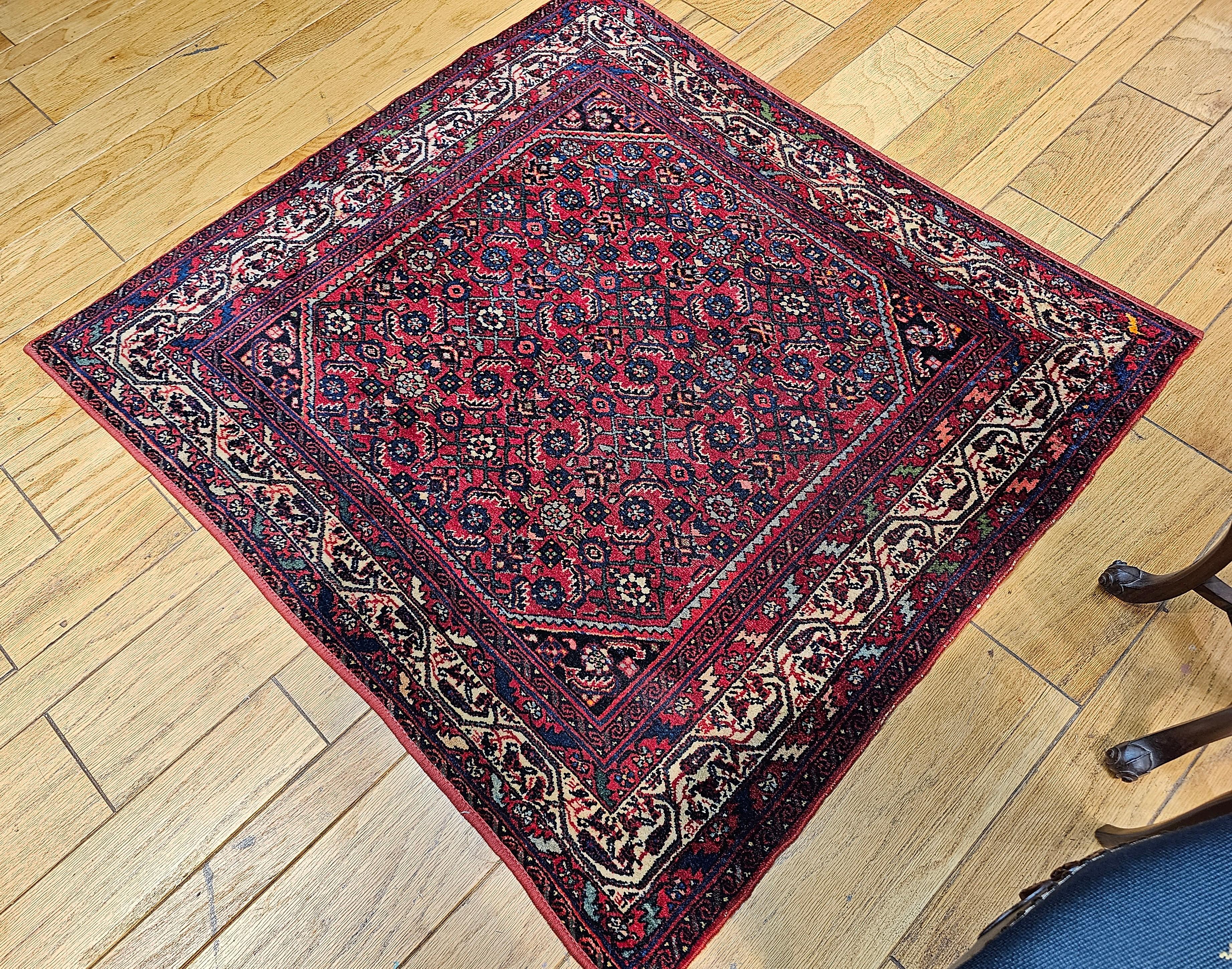 Square Size Vintage Persian Malayer Rug in All-Over Pattern in Red, Ivory, Navy For Sale 2