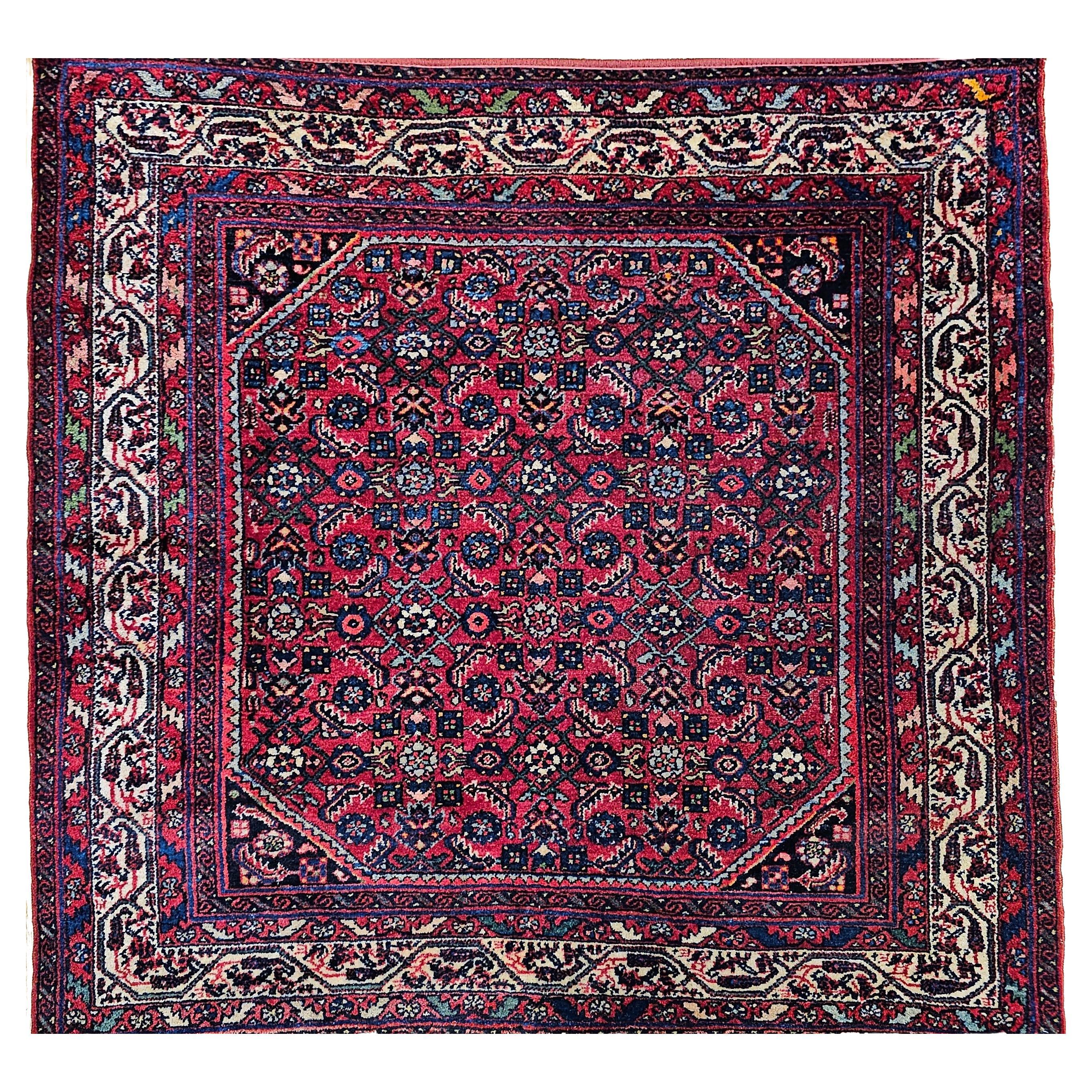 Square Size Vintage Persian Malayer Rug in All-Over Pattern in Red, Ivory, Navy For Sale