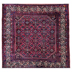 Square Size Vintage Persian Malayer Rug in All-Over Pattern in Red, Ivory, Navy