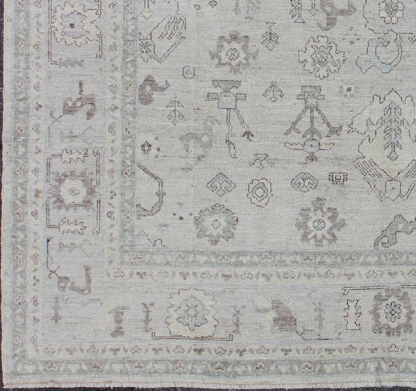 Square-sized silver, gray and ivory toned angora rug from Turkey, Keivan Woven Arts/rug AN-123612, country of origin / type: Turkey / Angora Oushak.

Measures: 11'9 x 12'2.

From our Angora collection, this piece is made with a combination of angora
