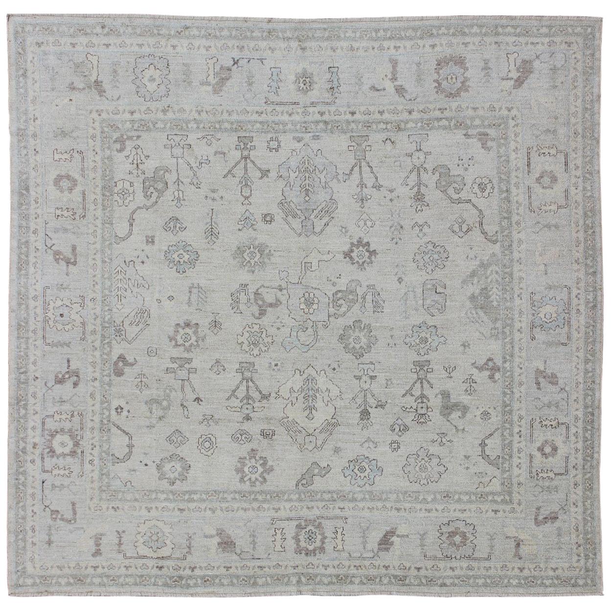 Square-Sized Angora Oushak Turkish  Rug with Beige, Gray, L. Blue, L. Brown