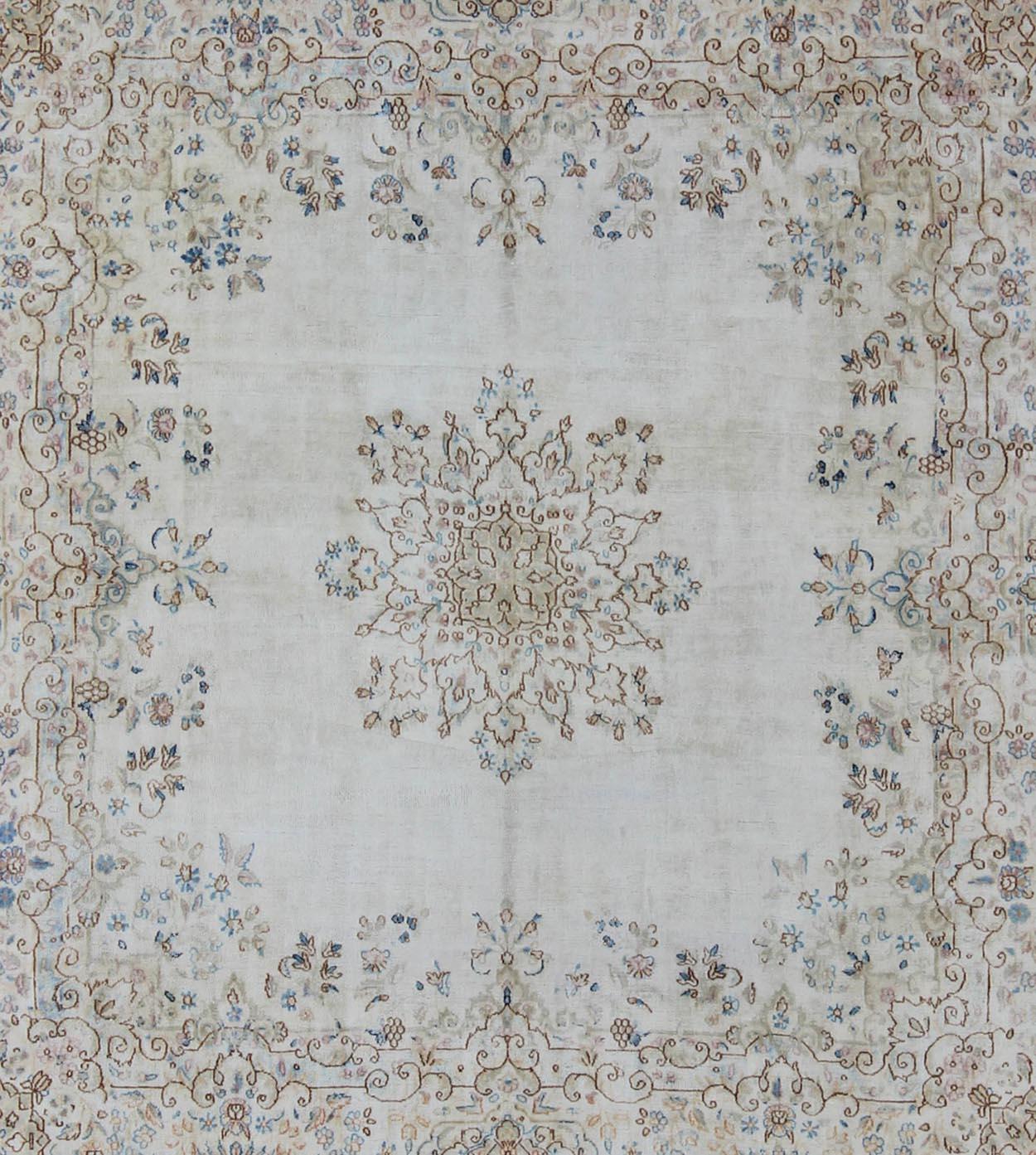 Kirman Square-Sized Antique Persian Kerman Rug with Flowers For Sale