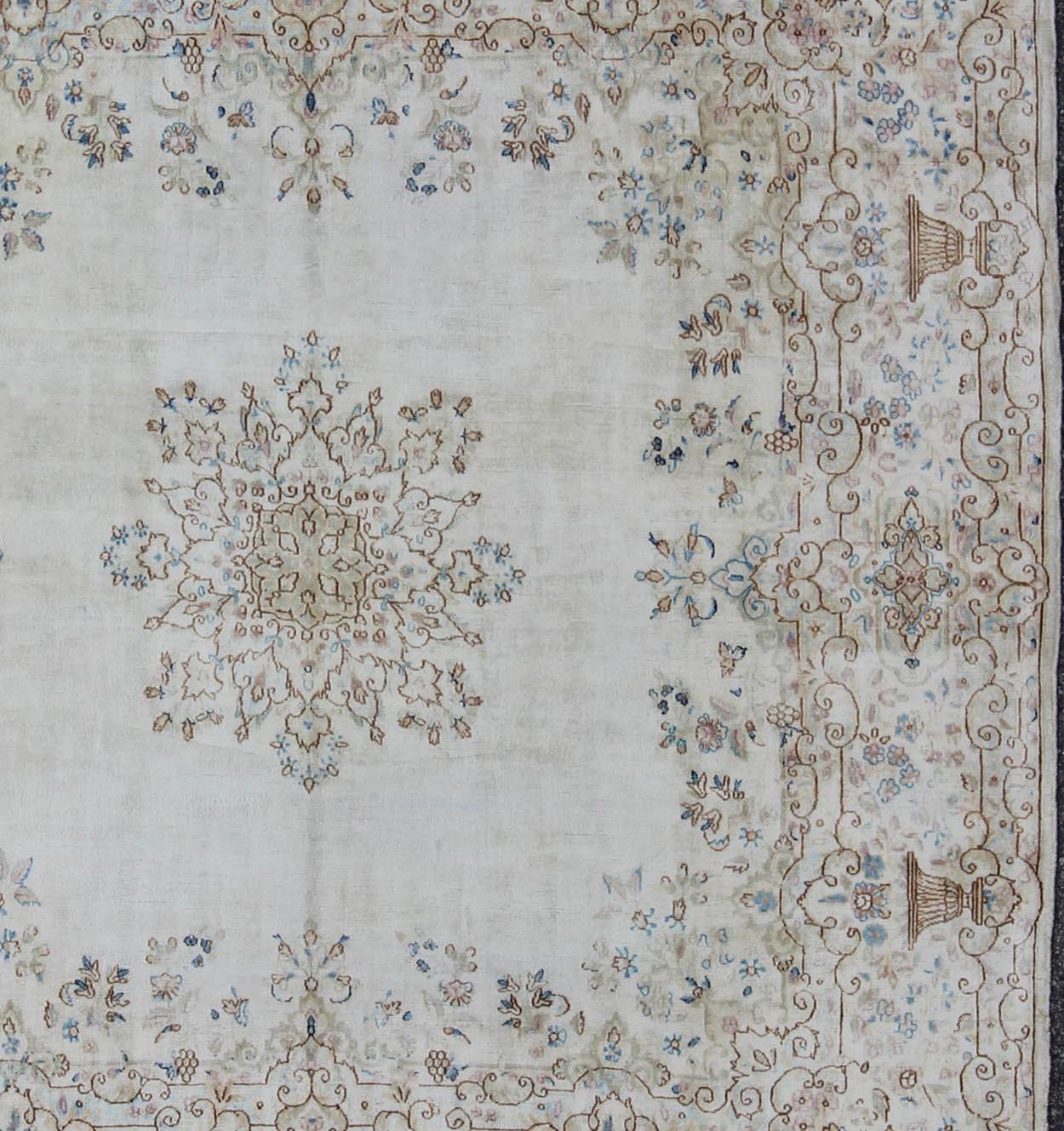 Hand-Knotted Square-Sized Antique Persian Kerman Rug with Flowers For Sale