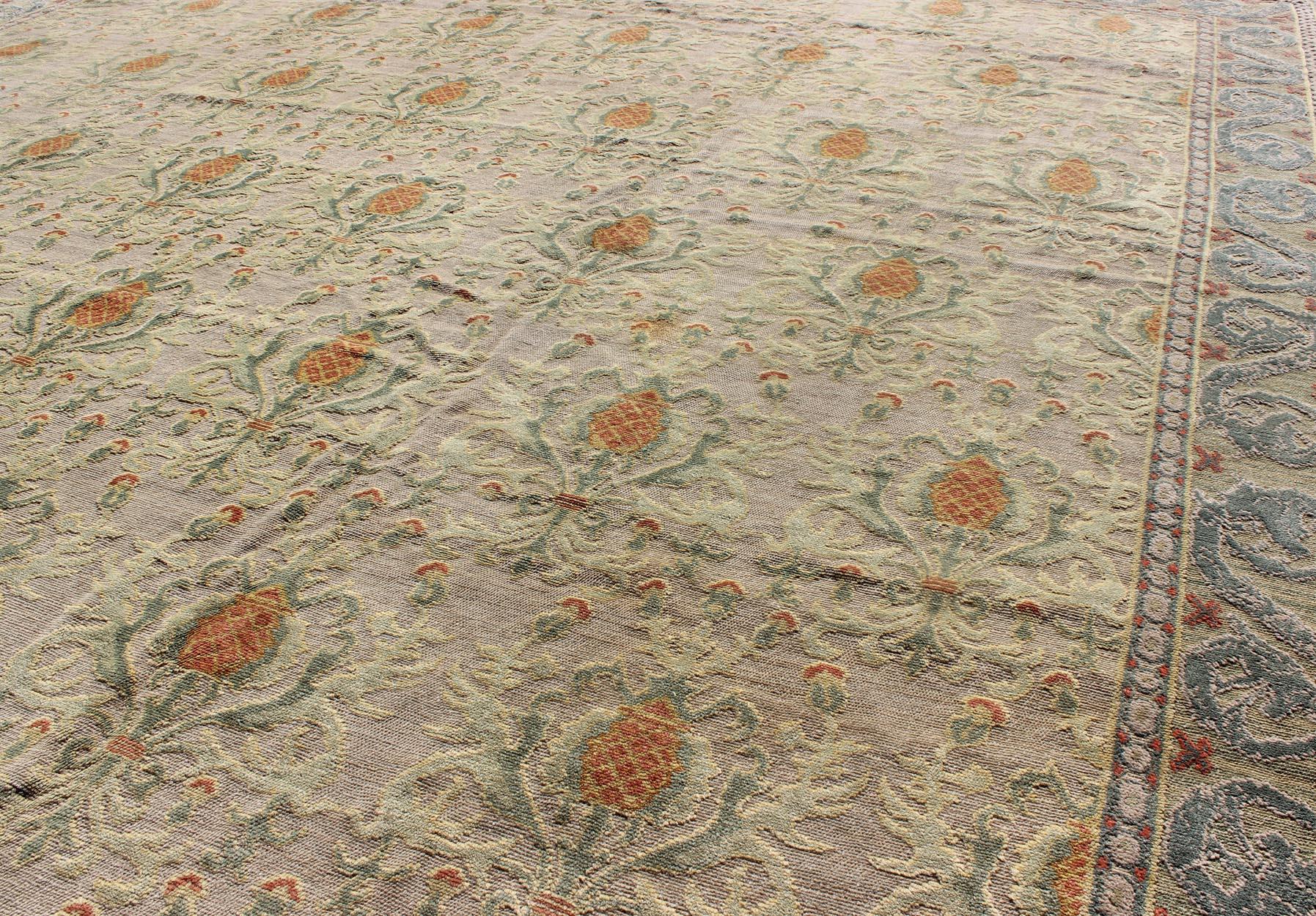 Square Sized Antique Spanish Carpet in Green, Orange and Gray/Blue 3