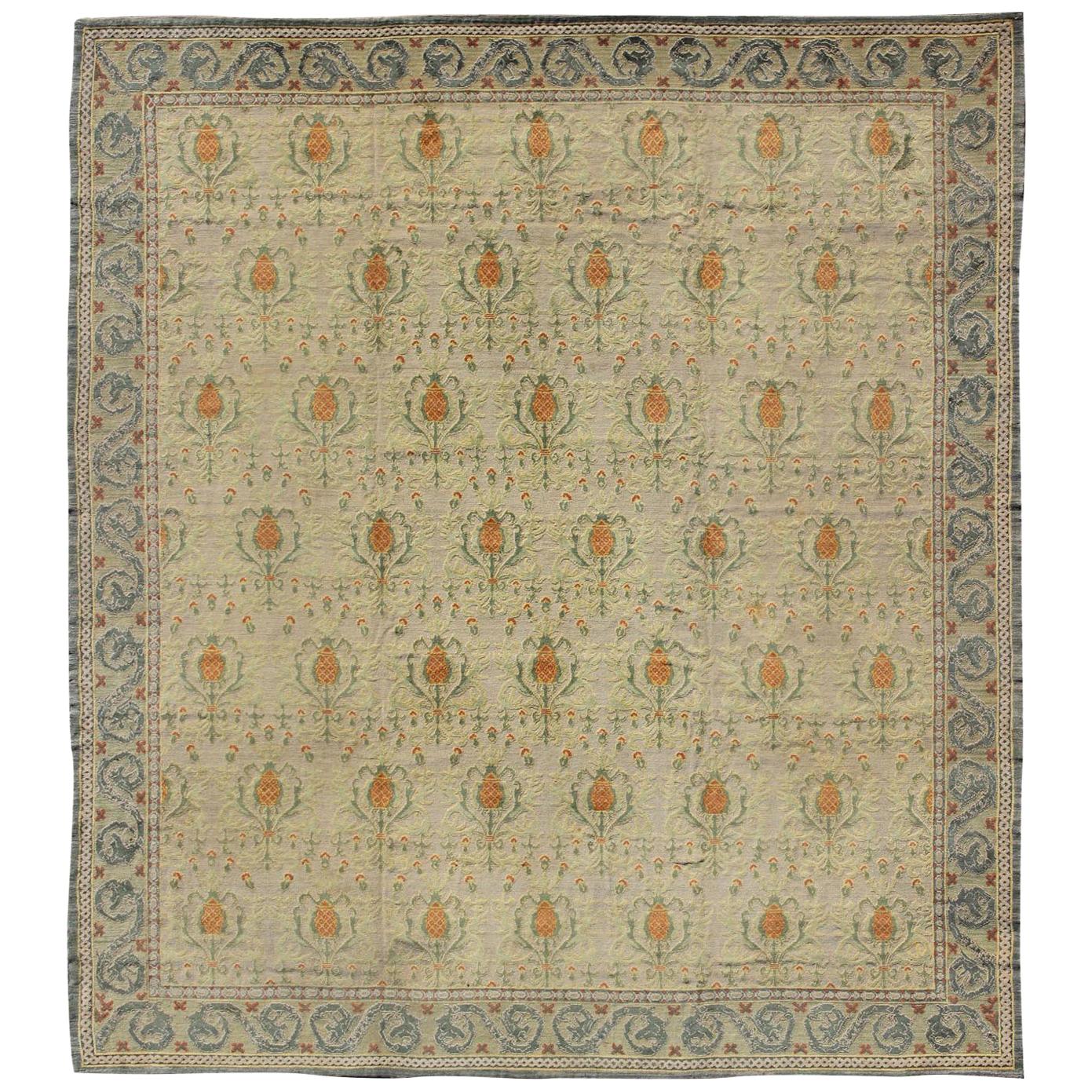 Square Sized Antique Spanish Carpet in Green, Orange and Gray/Blue
