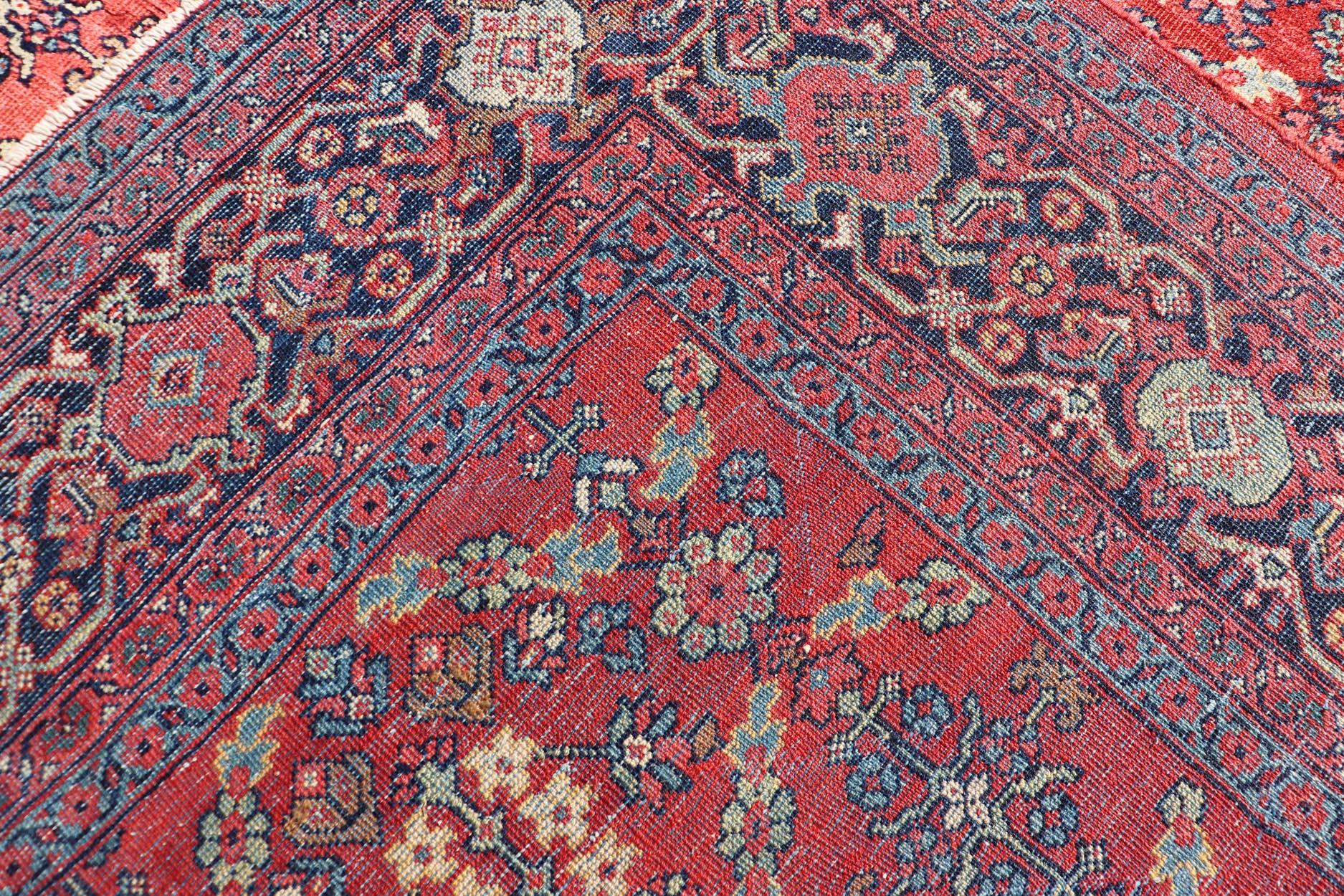 Square Size Geometric Antique Persian Mahal-Sultanabad Rug in Red and Blue Colo For Sale 4