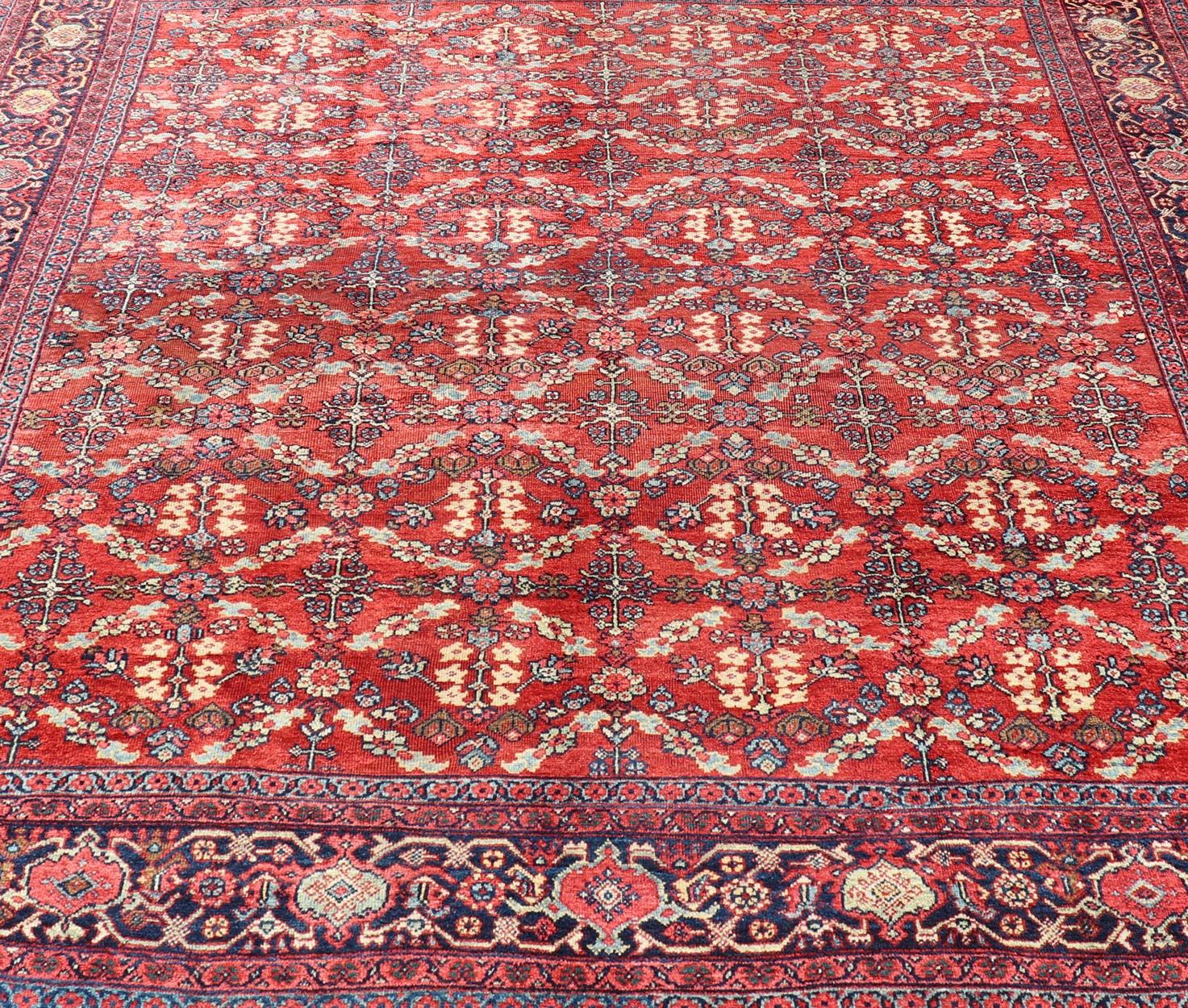 Square Size Geometric Antique Persian Mahal-Sultanabad Rug in Red and Blue Colo For Sale 6