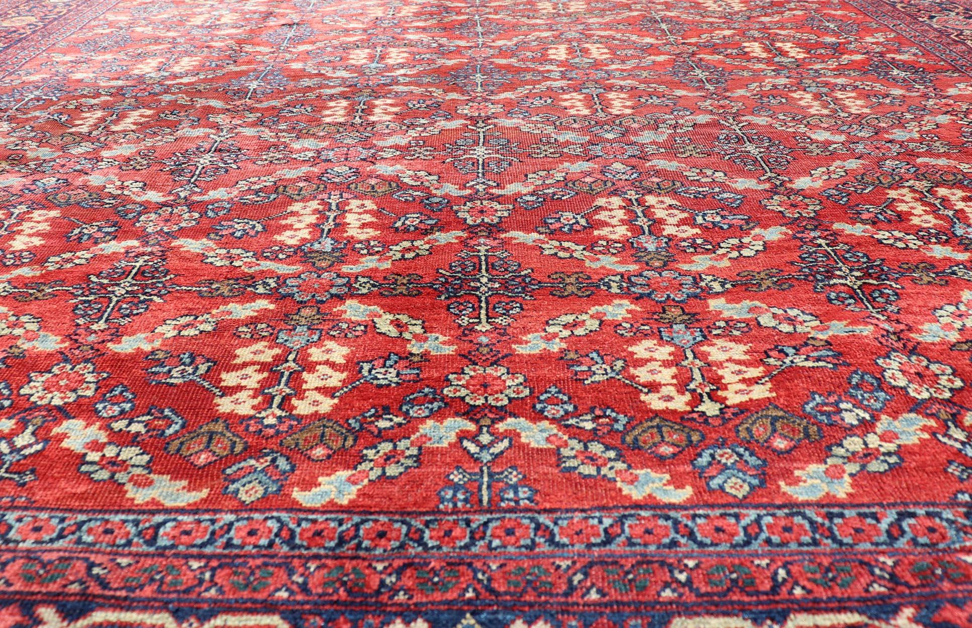 Square Size Geometric Antique Persian Mahal-Sultanabad Rug in Red and Blue Colo For Sale 7