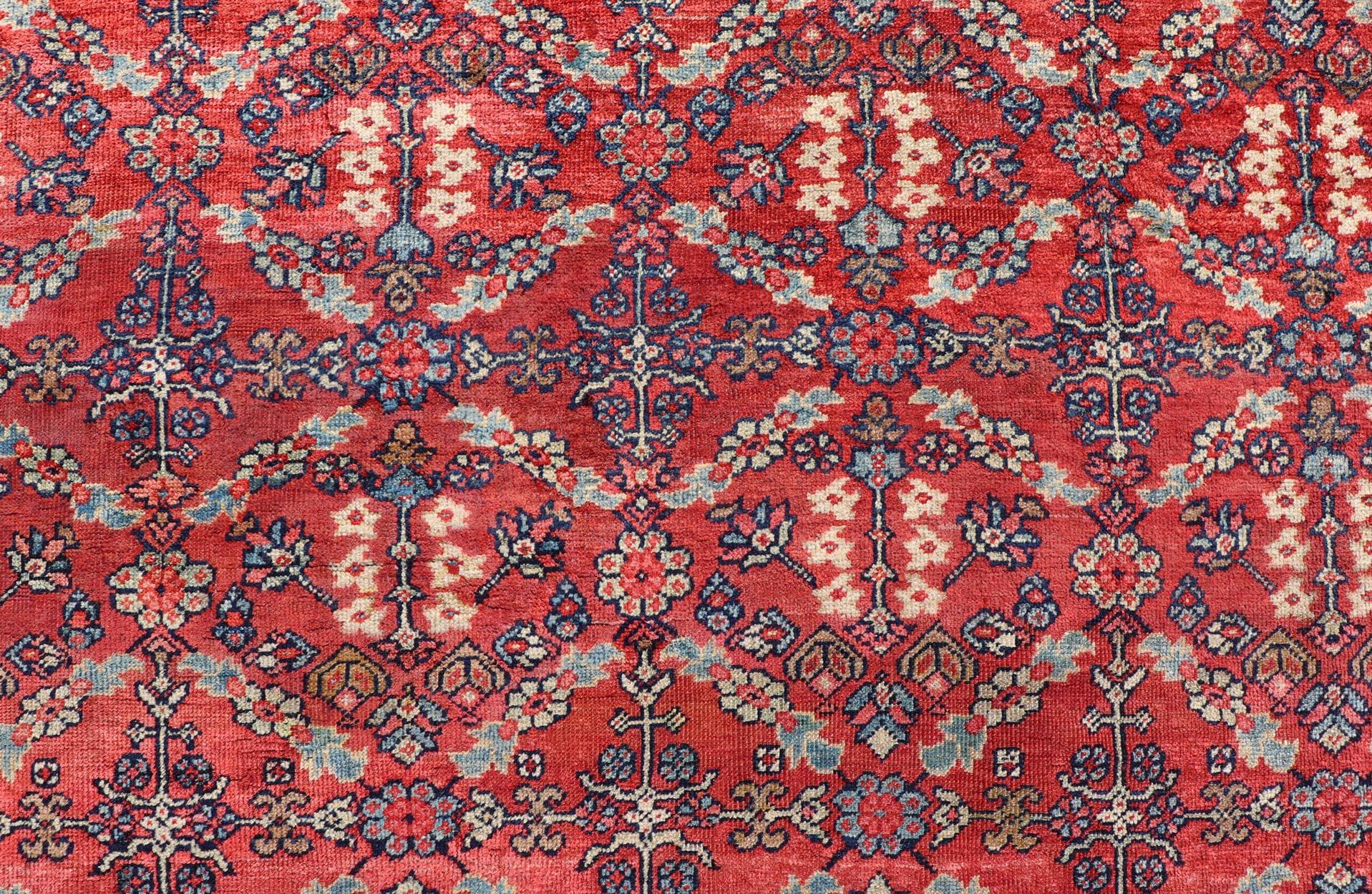 Square Size Geometric Antique Persian Mahal-Sultanabad Rug in Red and Blue Colo For Sale 8