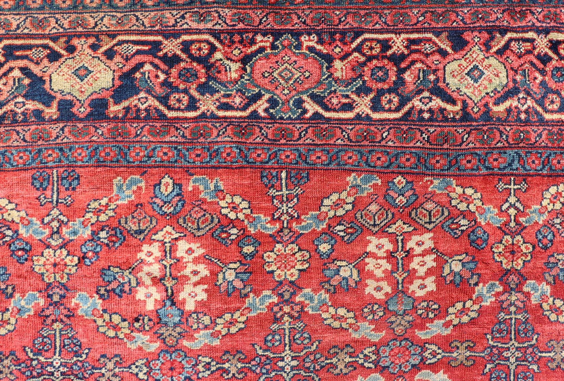 Square Size Geometric Antique Persian Mahal-Sultanabad Rug in Red and Blue Colo For Sale 9