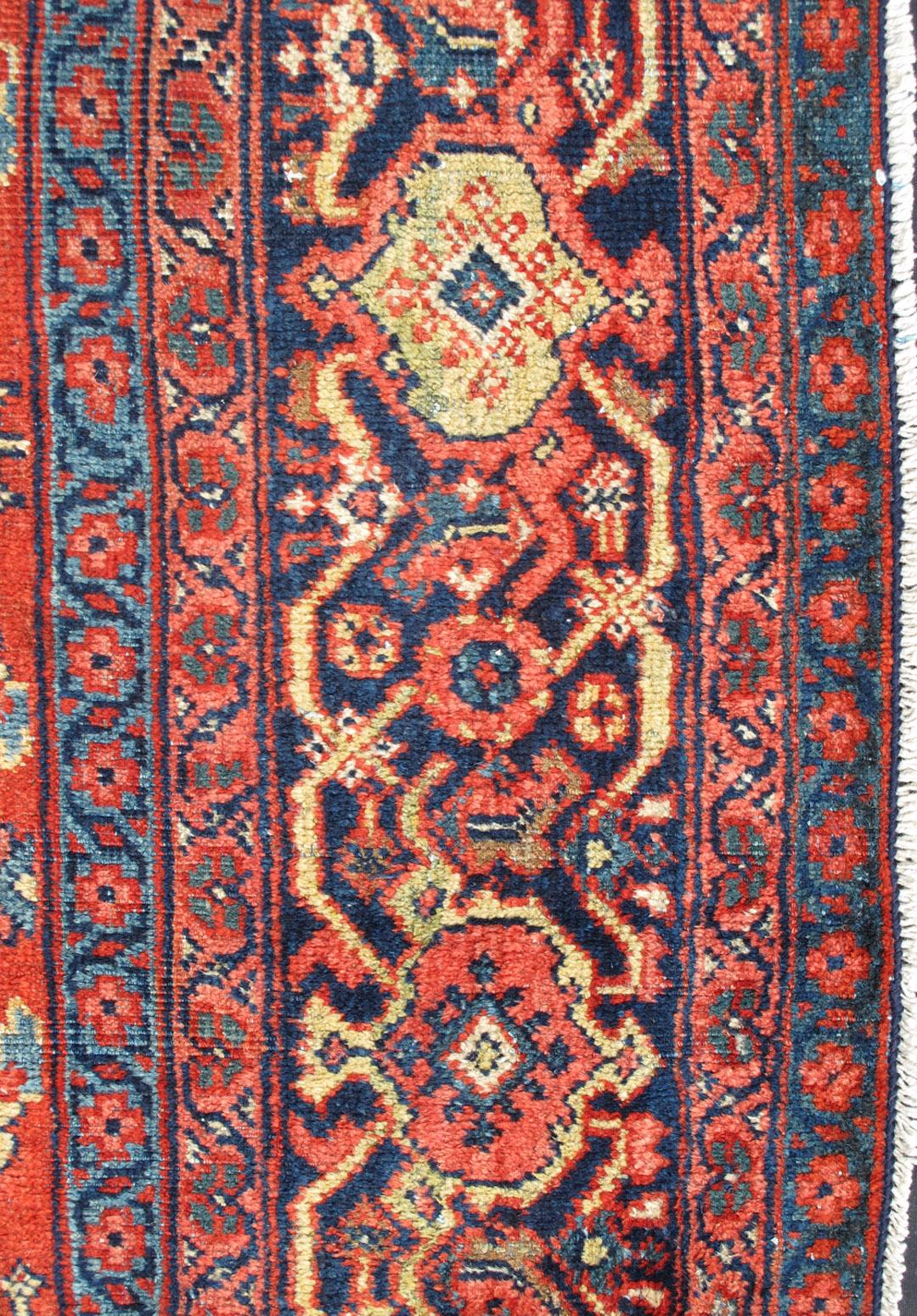 Hand-Knotted Square Size Geometric Antique Persian Mahal-Sultanabad Rug in Red and Blue Colo For Sale