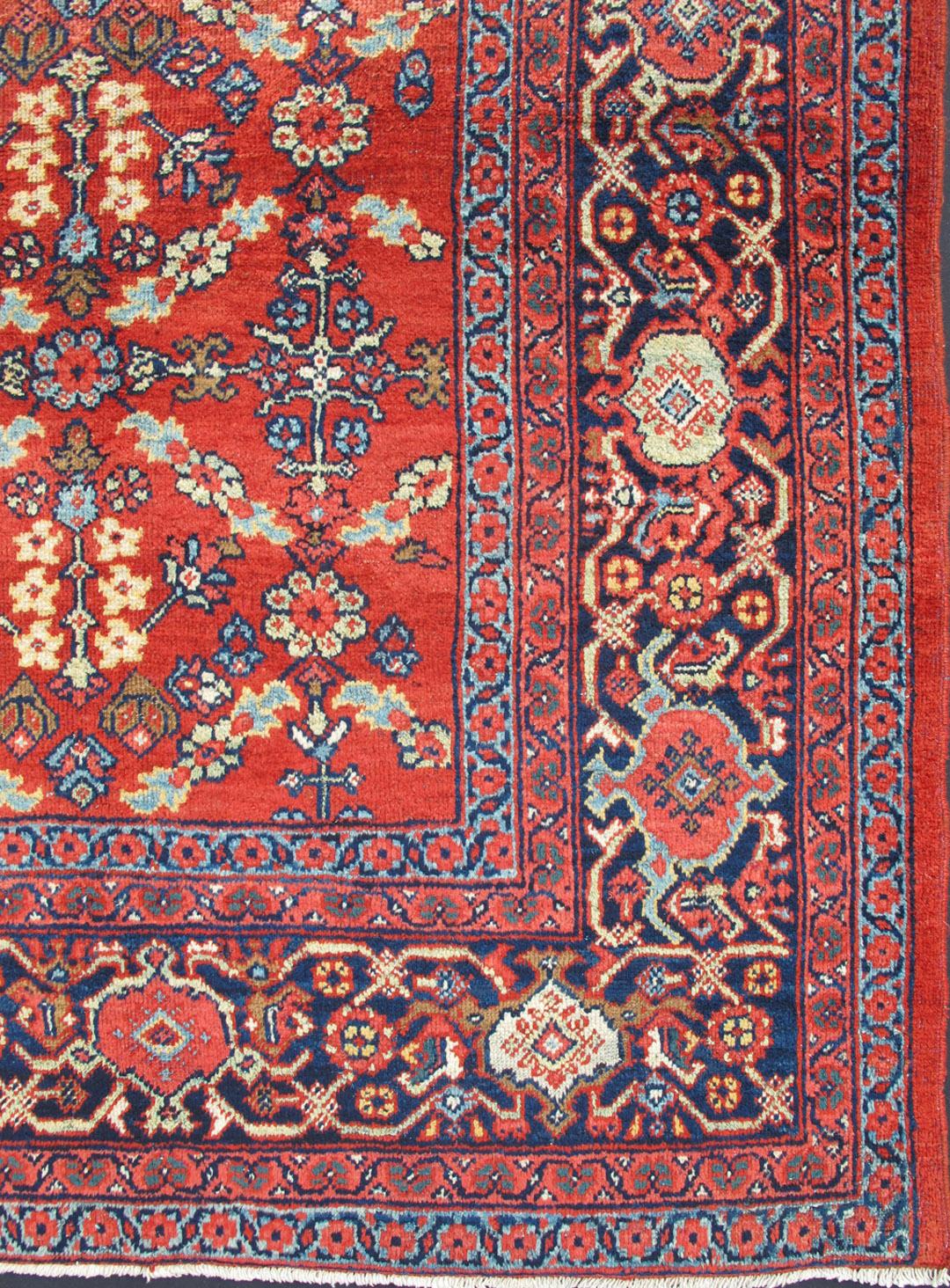 Square Size Geometric Antique Persian Mahal-Sultanabad Rug in Red and Blue Colo In Good Condition For Sale In Atlanta, GA