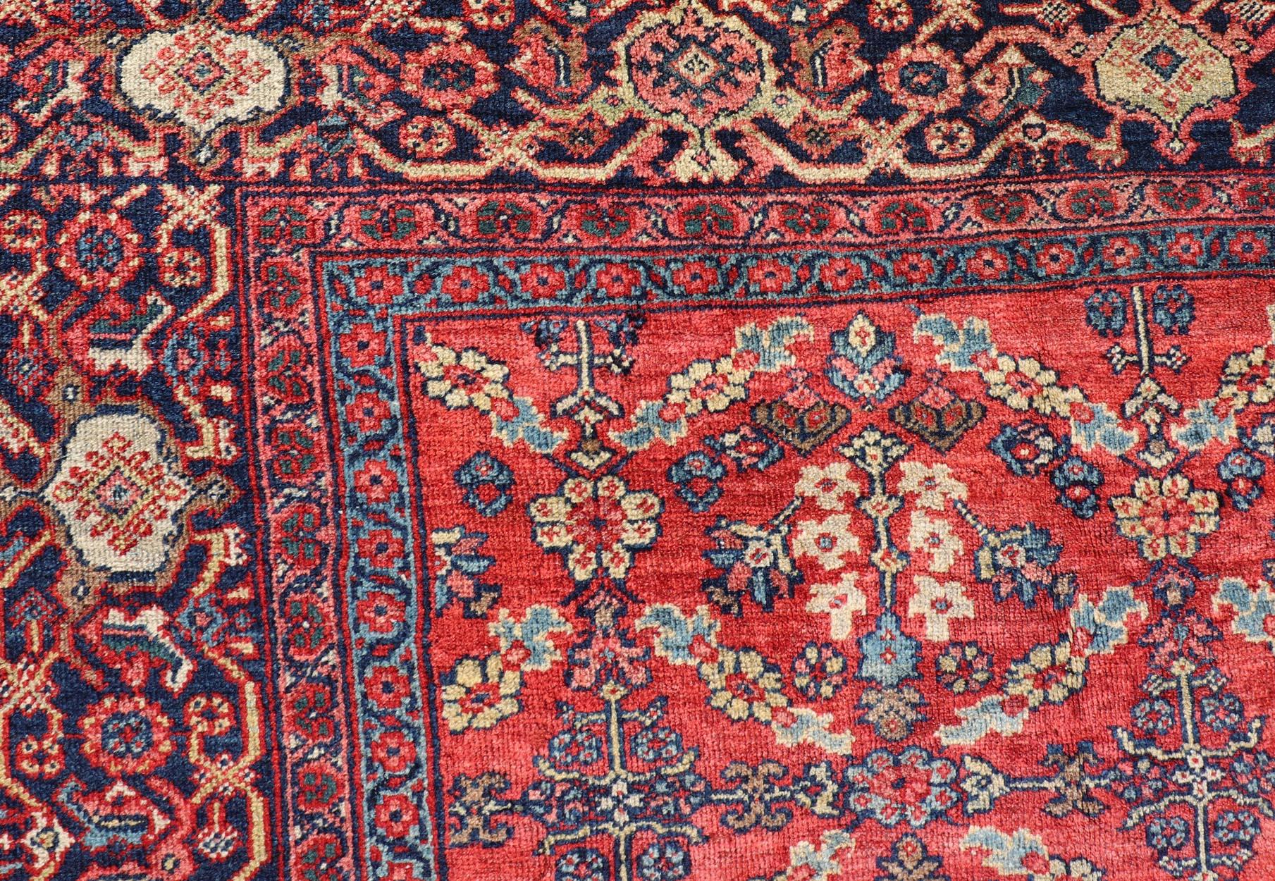 Early 20th Century Square Size Geometric Antique Persian Mahal-Sultanabad Rug in Red and Blue Colo For Sale