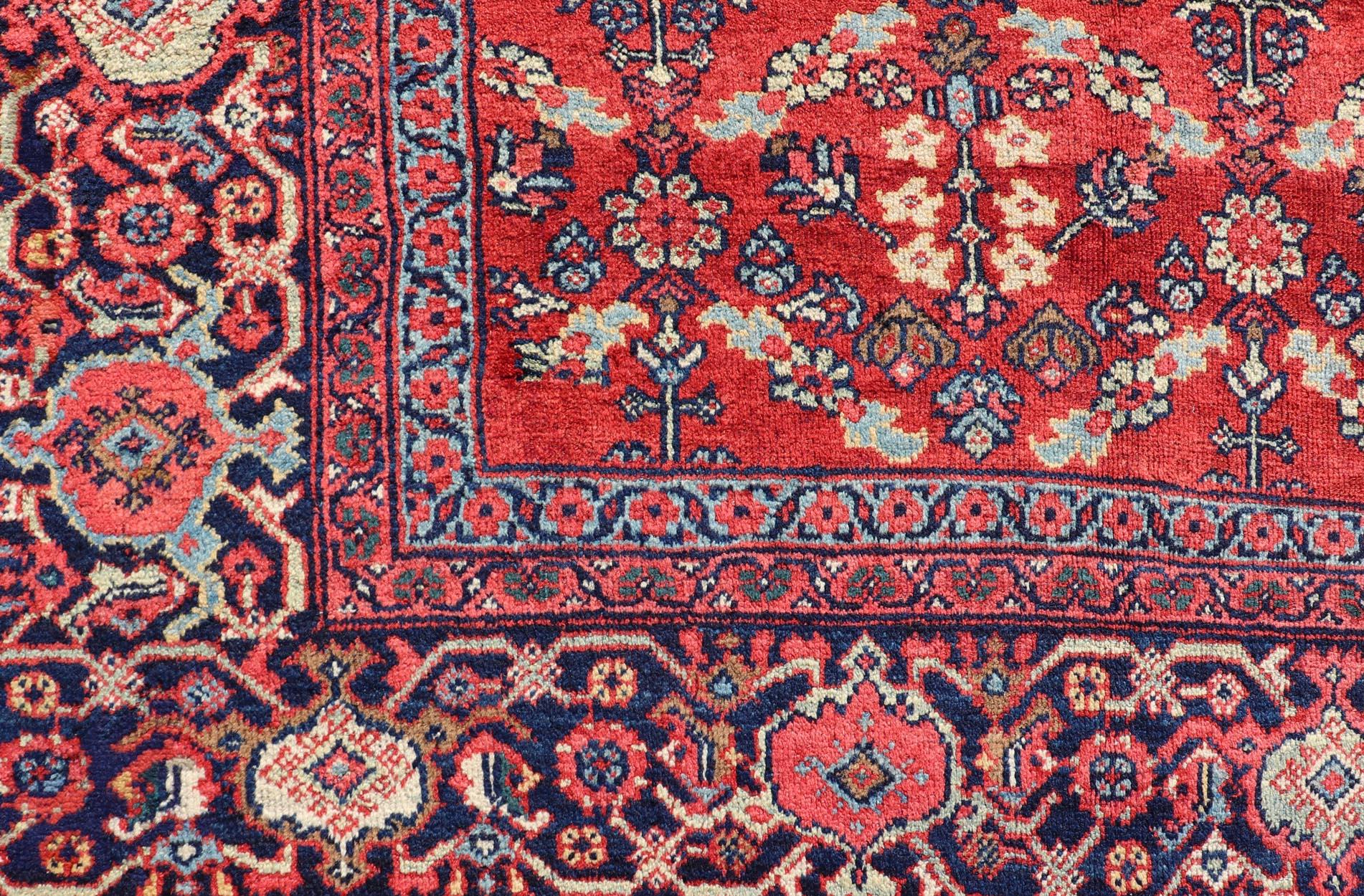 Wool Square Size Geometric Antique Persian Mahal-Sultanabad Rug in Red and Blue Colo For Sale