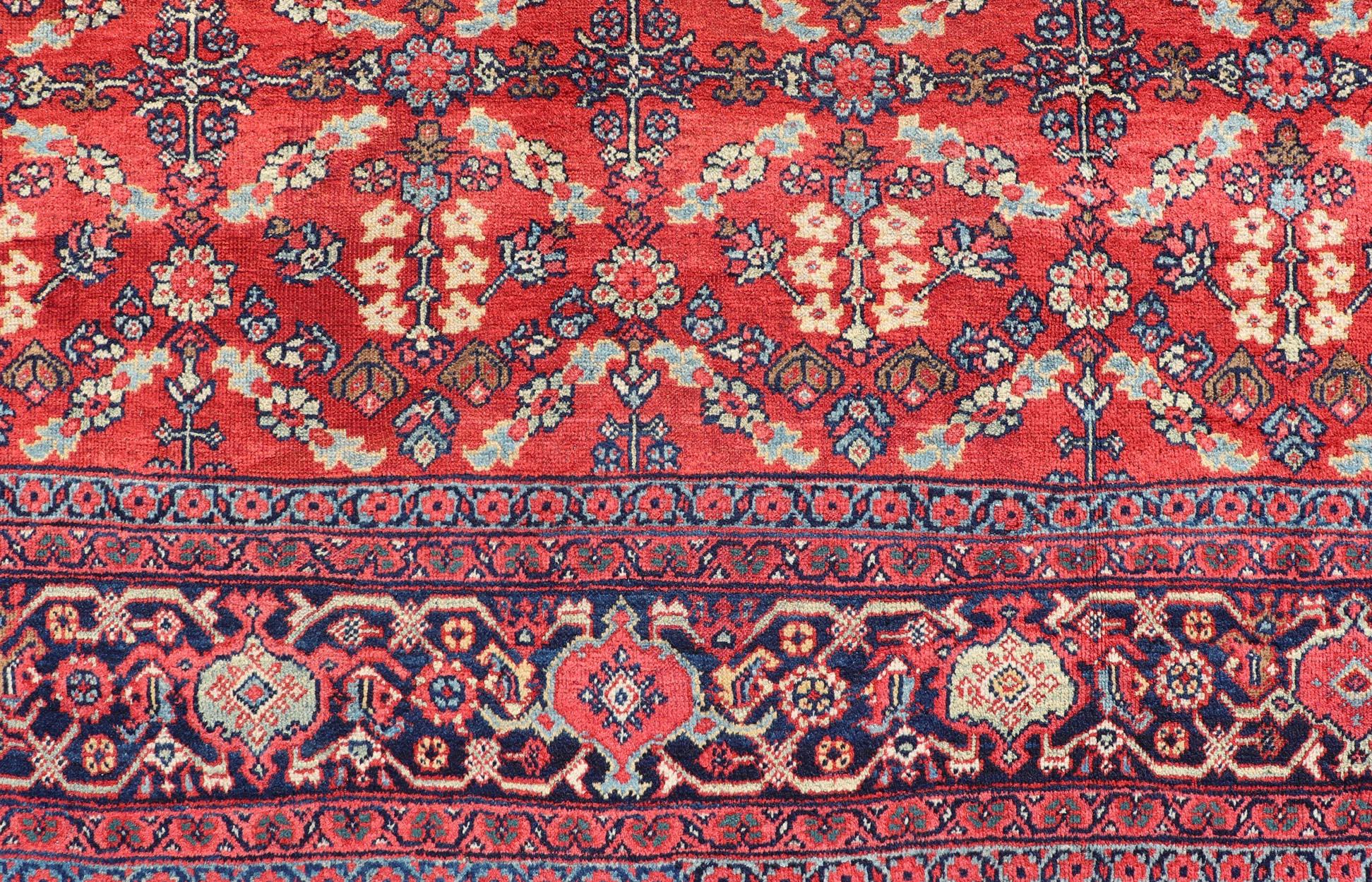 Square Size Geometric Antique Persian Mahal-Sultanabad Rug in Red and Blue Colo For Sale 1