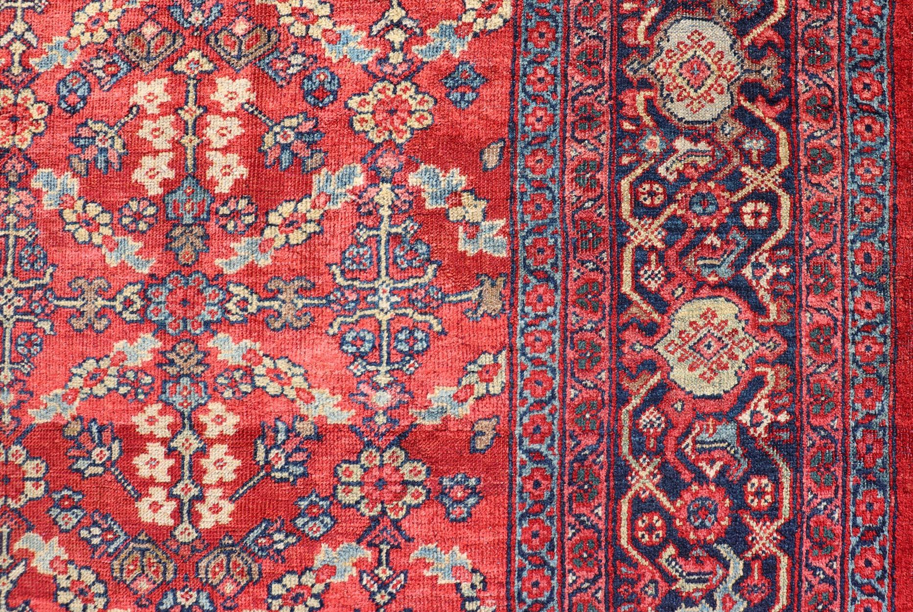 Square Size Geometric Antique Persian Mahal-Sultanabad Rug in Red and Blue Colo For Sale 3