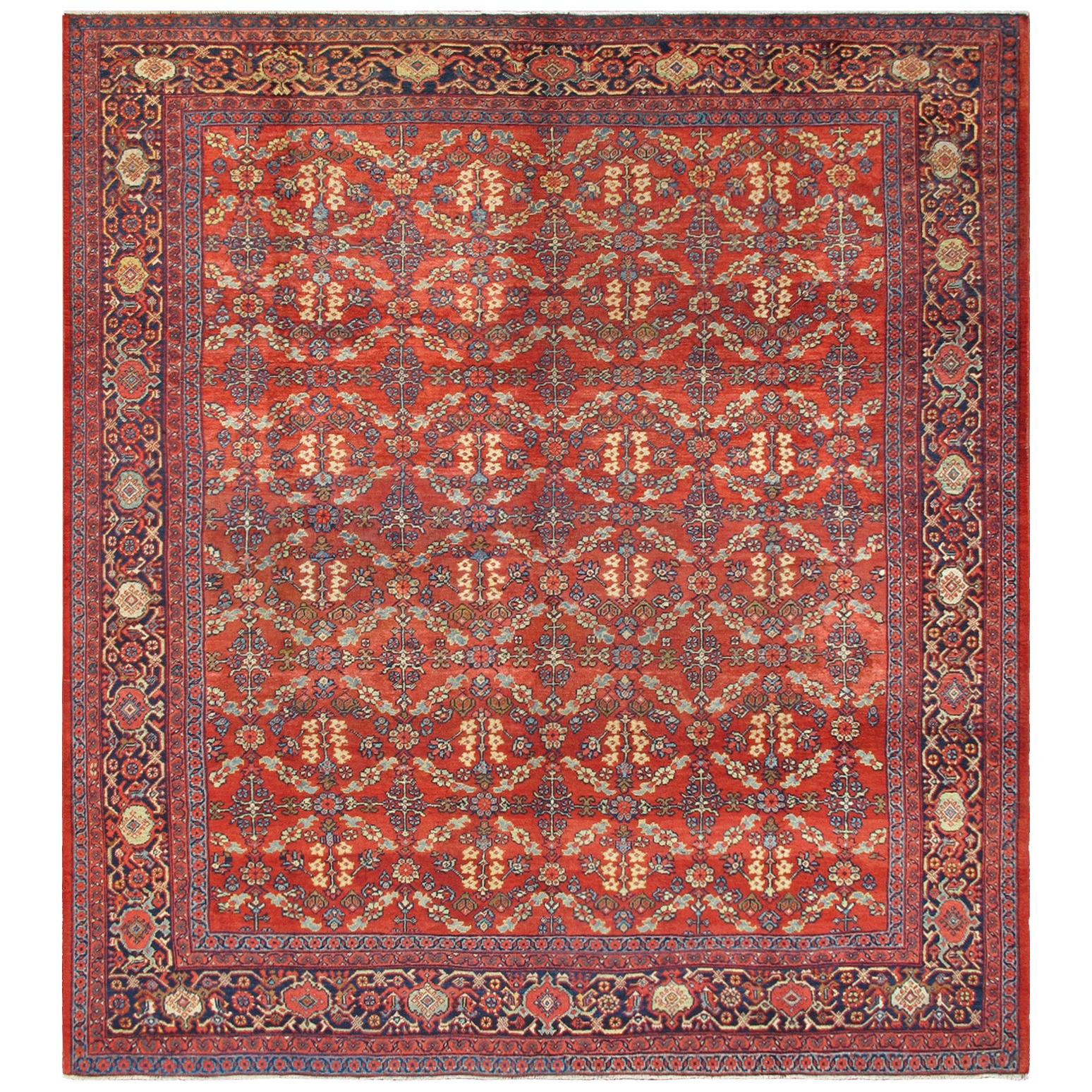 Square Size Geometric Antique Persian Mahal-Sultanabad Rug in Red and Blue Colo For Sale