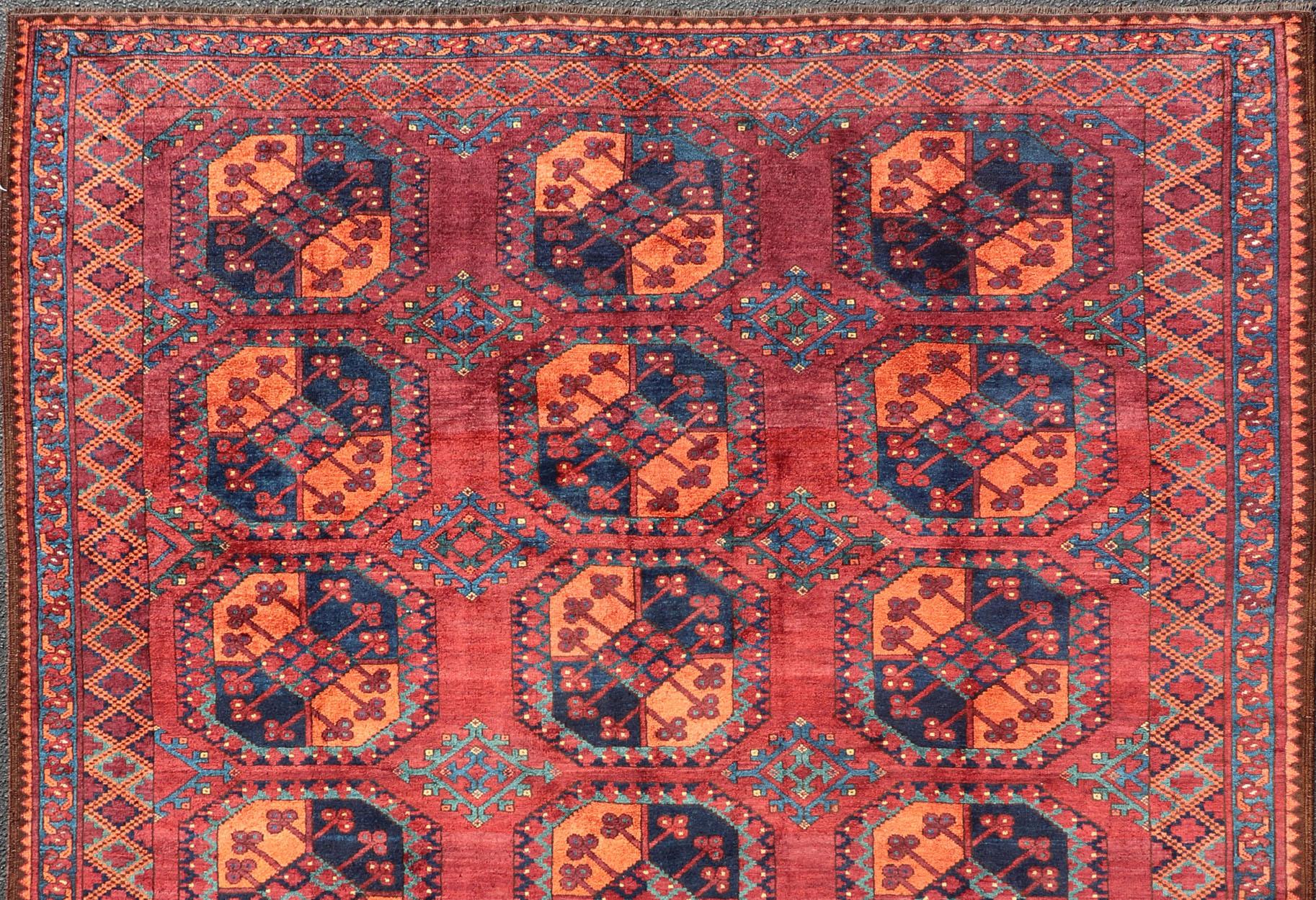 Islamic Square Sized Hand-Knotted Turkomen Ersari Rug in Wool with Repeating Gul Design For Sale