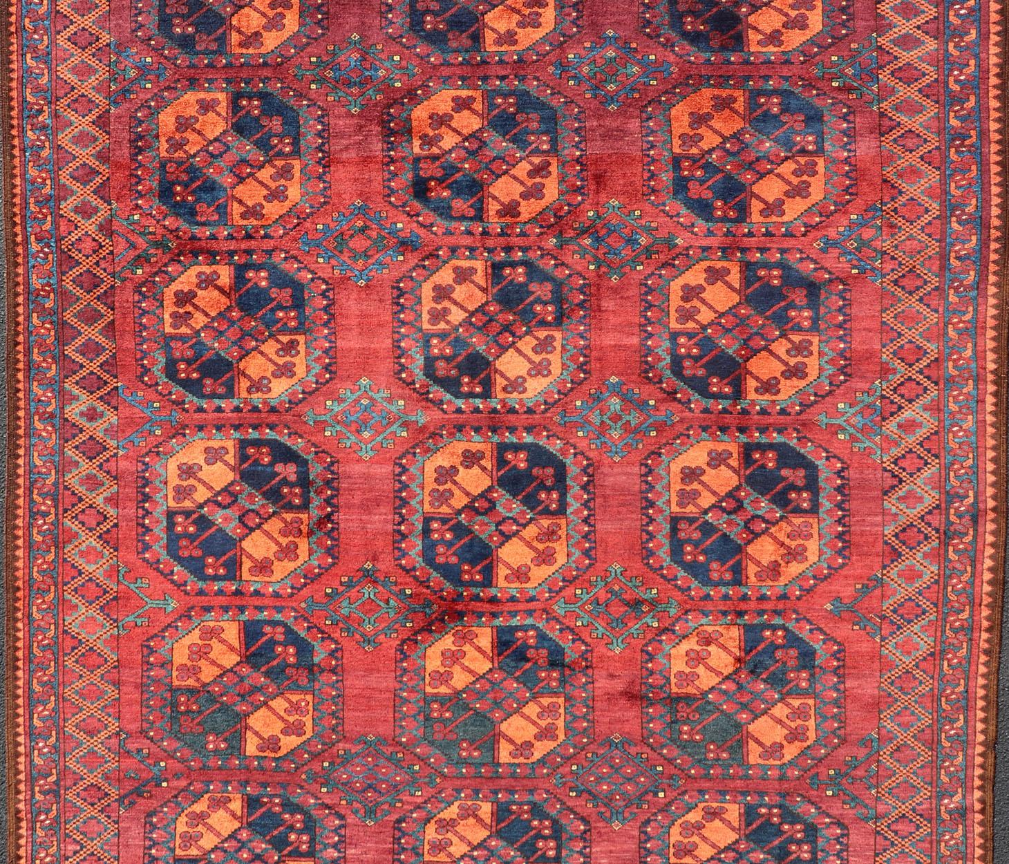 Turkestan Square Sized Hand-Knotted Turkomen Ersari Rug in Wool with Repeating Gul Design For Sale