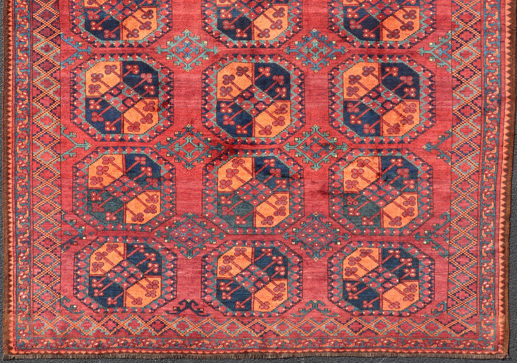Square Sized Hand-Knotted Turkomen Ersari Rug in Wool with Repeating Gul Design In Good Condition For Sale In Atlanta, GA