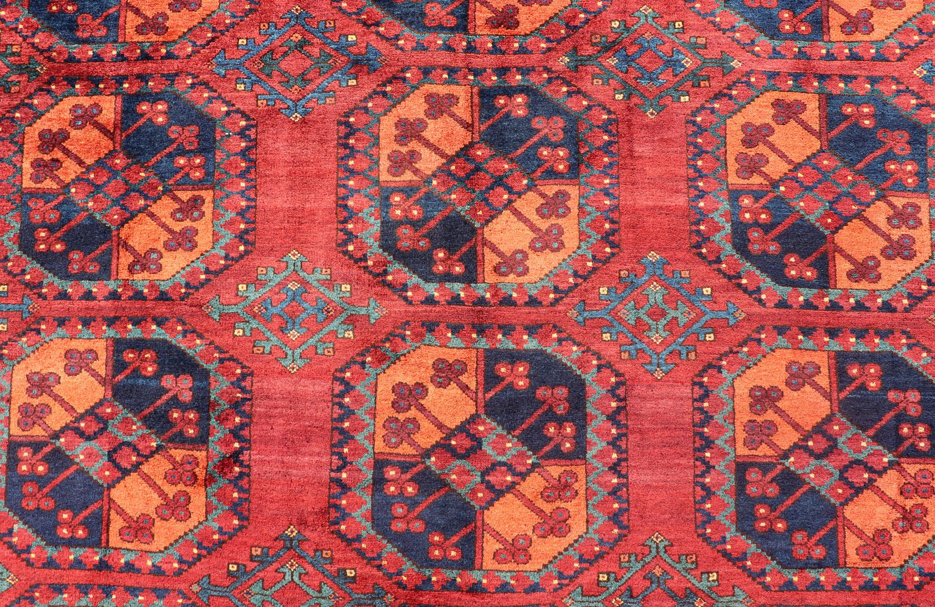 Square Sized Hand-Knotted Turkomen Ersari Rug in Wool with Repeating Gul Design For Sale 1
