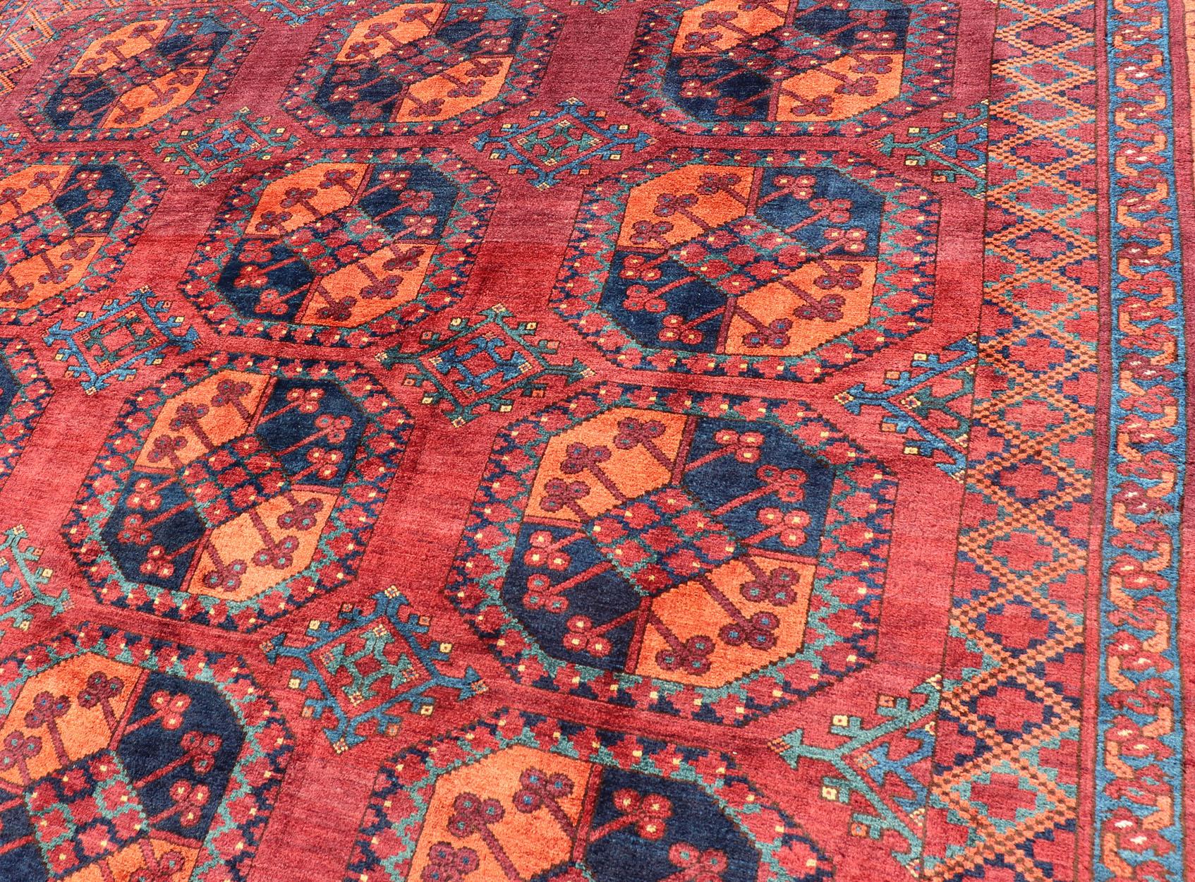 Square Sized Hand-Knotted Turkomen Ersari Rug in Wool with Repeating Gul Design For Sale 3