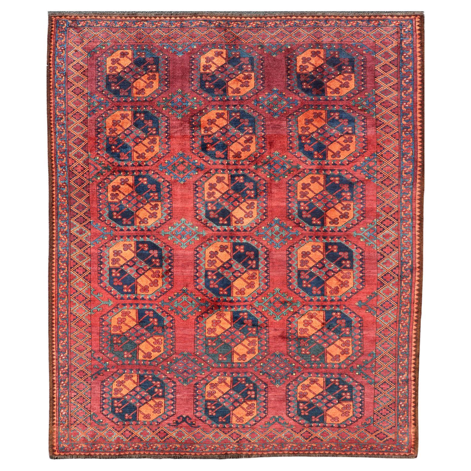 Tapis Turkomen Ersari carré noué à la main en laine avec motif de Gul répétitif