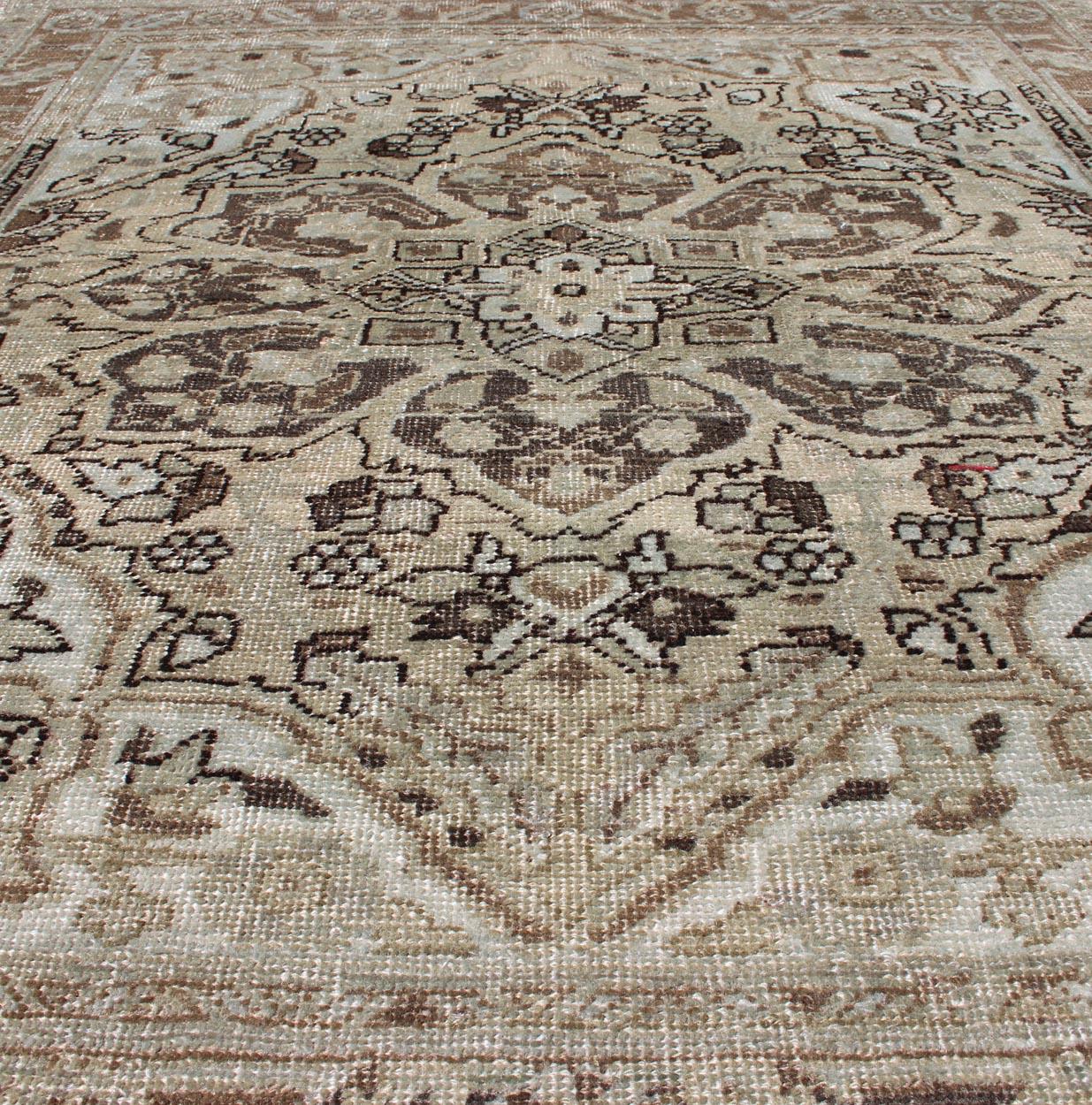 Hand-Knotted Square-Sized Medallion Heriz Rug in Natural Color Tones For Sale