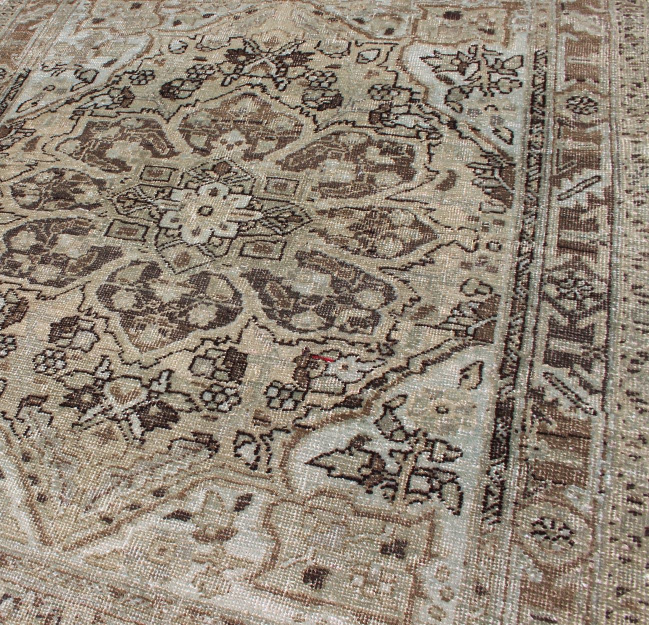 Mid-20th Century Square-Sized Medallion Heriz Rug in Natural Color Tones For Sale