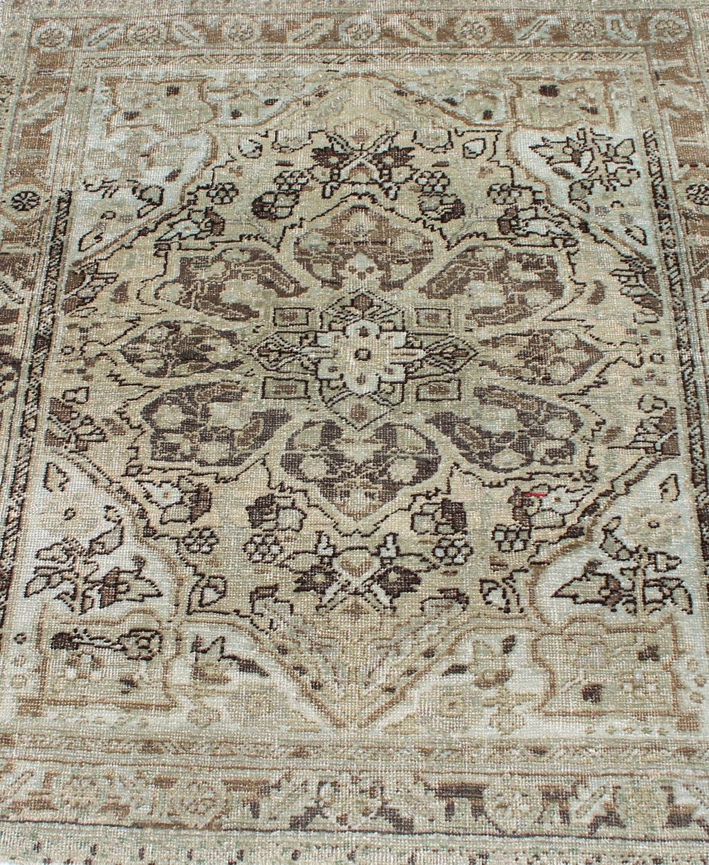 Wool Square-Sized Medallion Heriz Rug in Natural Color Tones For Sale