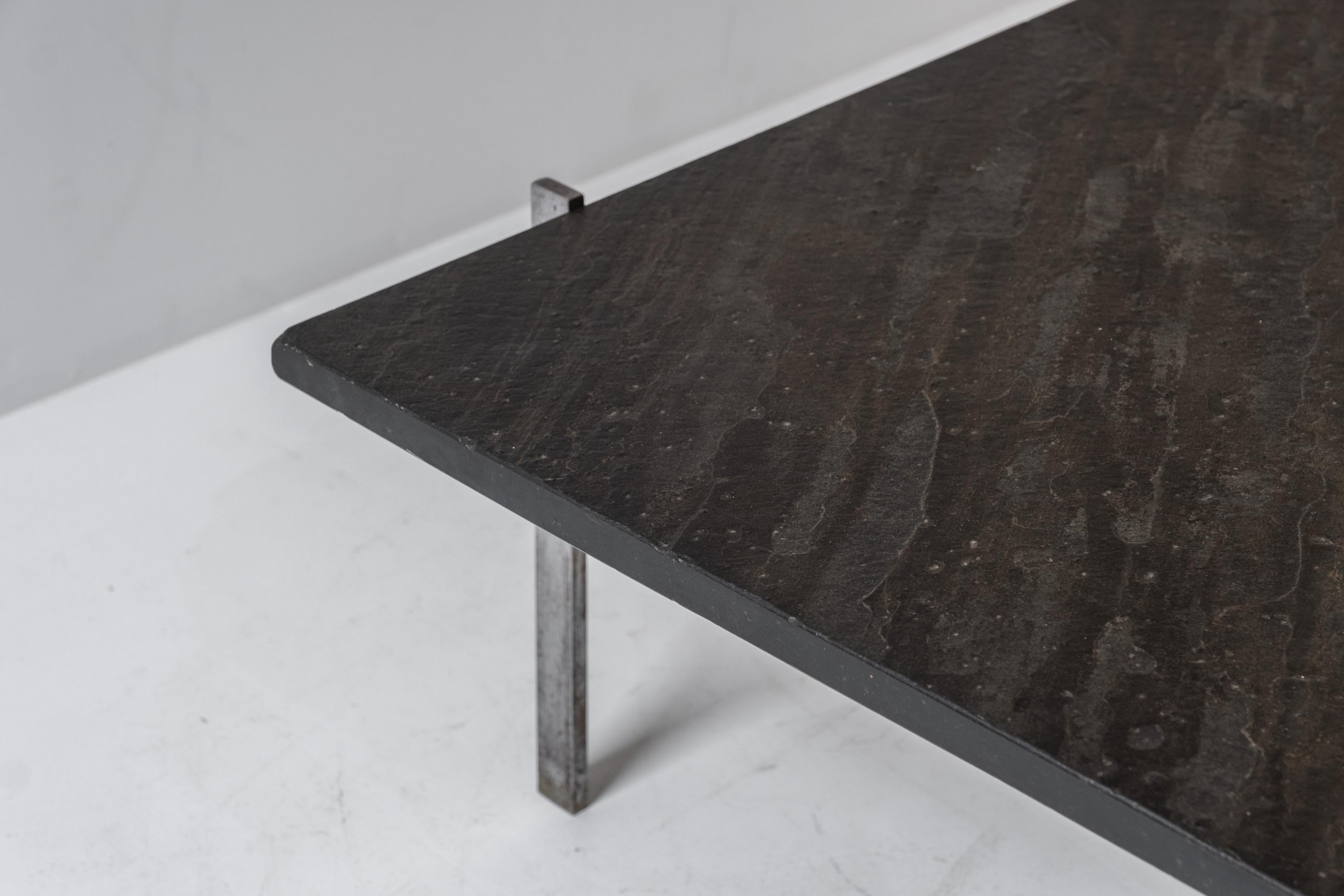 Steel Square slate stone coffee table from the 1950s. For Sale