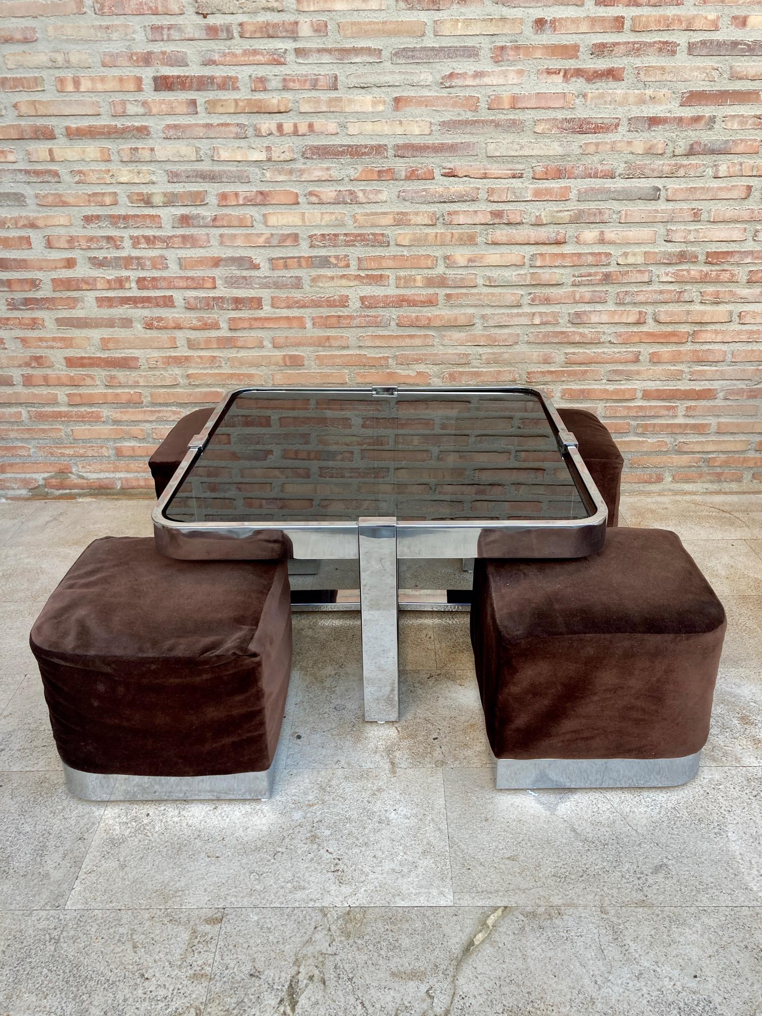 Mid-Century Modern Square Smoked Glass and Steel Coffee or Side Table with Four Nesting Stools, 197 For Sale