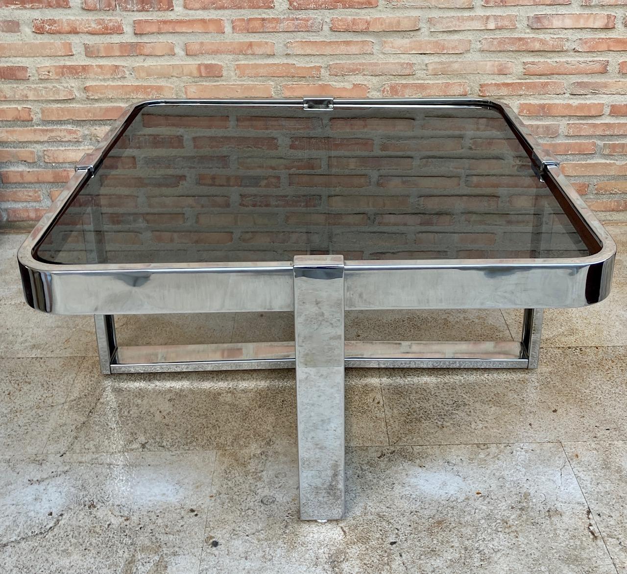20th Century Square Smoked Glass and Steel Coffee or Side Table with Four Nesting Stools, 197 For Sale