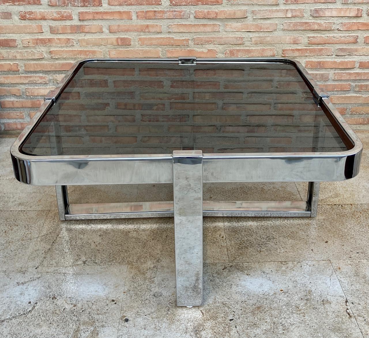 Velours Table basse ou d'appoint carrée en verre fumé et acier avec quatre tabourets gigognes, 197 en vente