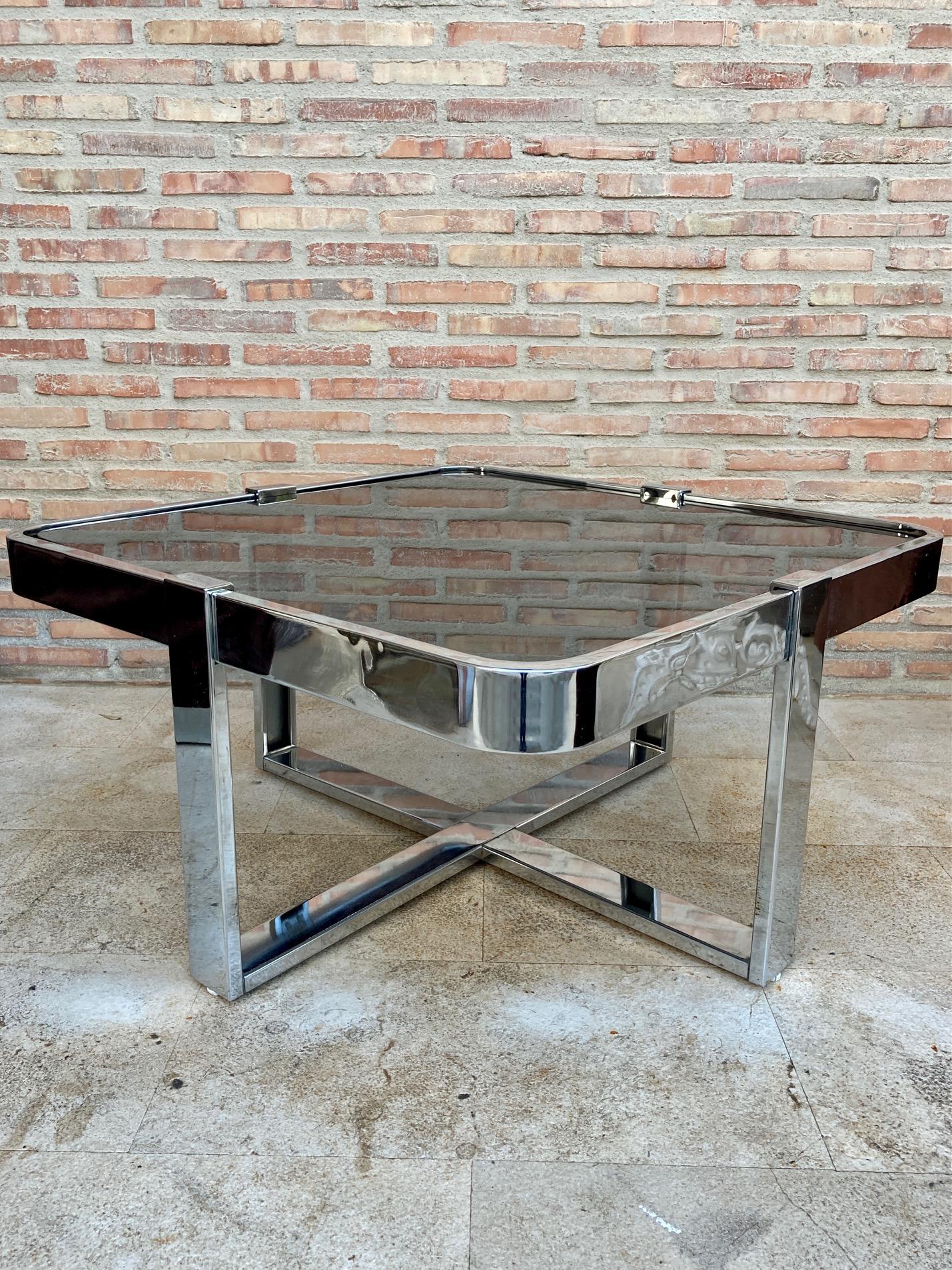 Velvet Square Smoked Glass and Steel Coffee or Side Table with Four Nesting Stools, 197 For Sale